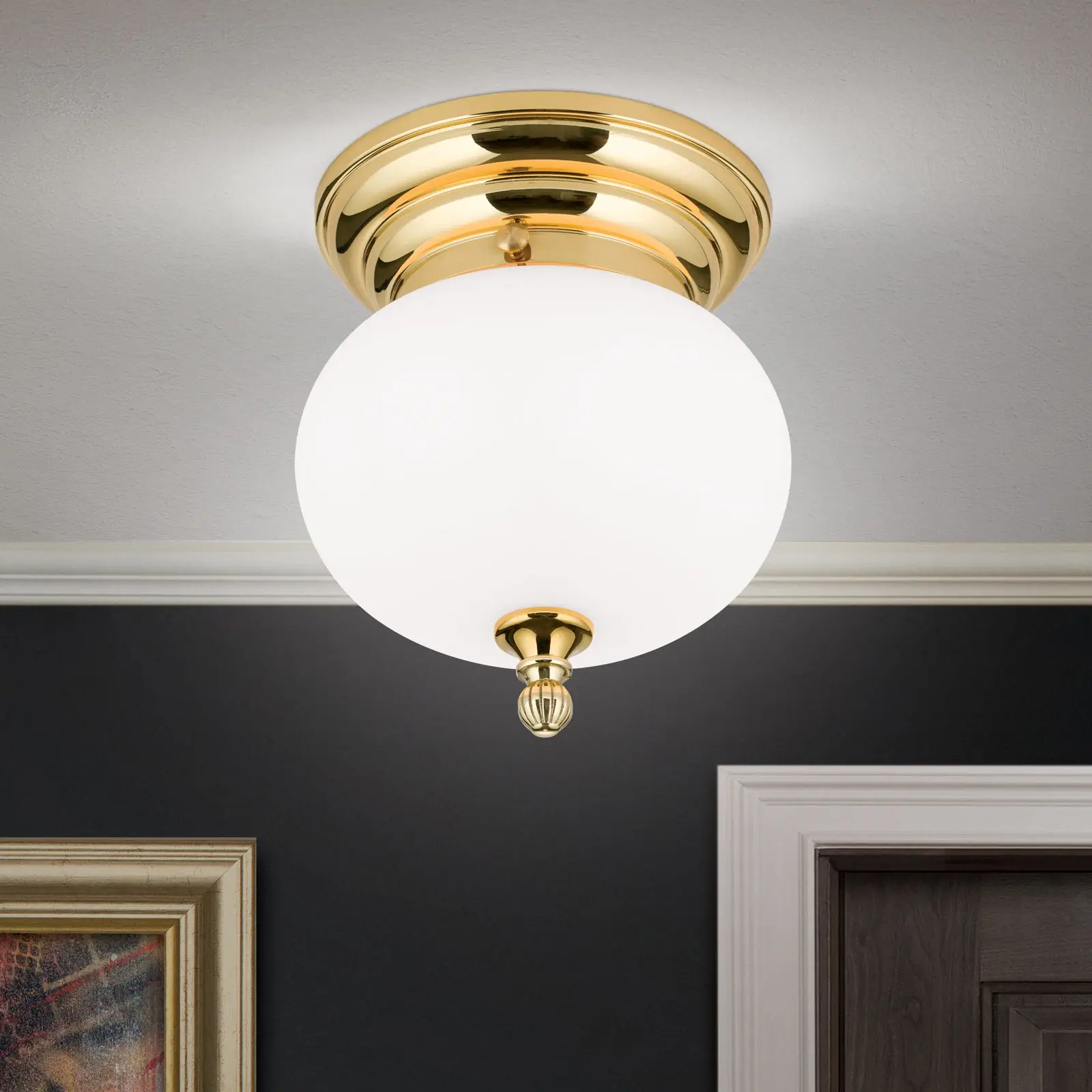 Plafonska lampa WIENER NOSTALGIE, sjajni mesing, opal-mat staklo, sa ukrasnim dugmetom, Ø 18 cm - 2