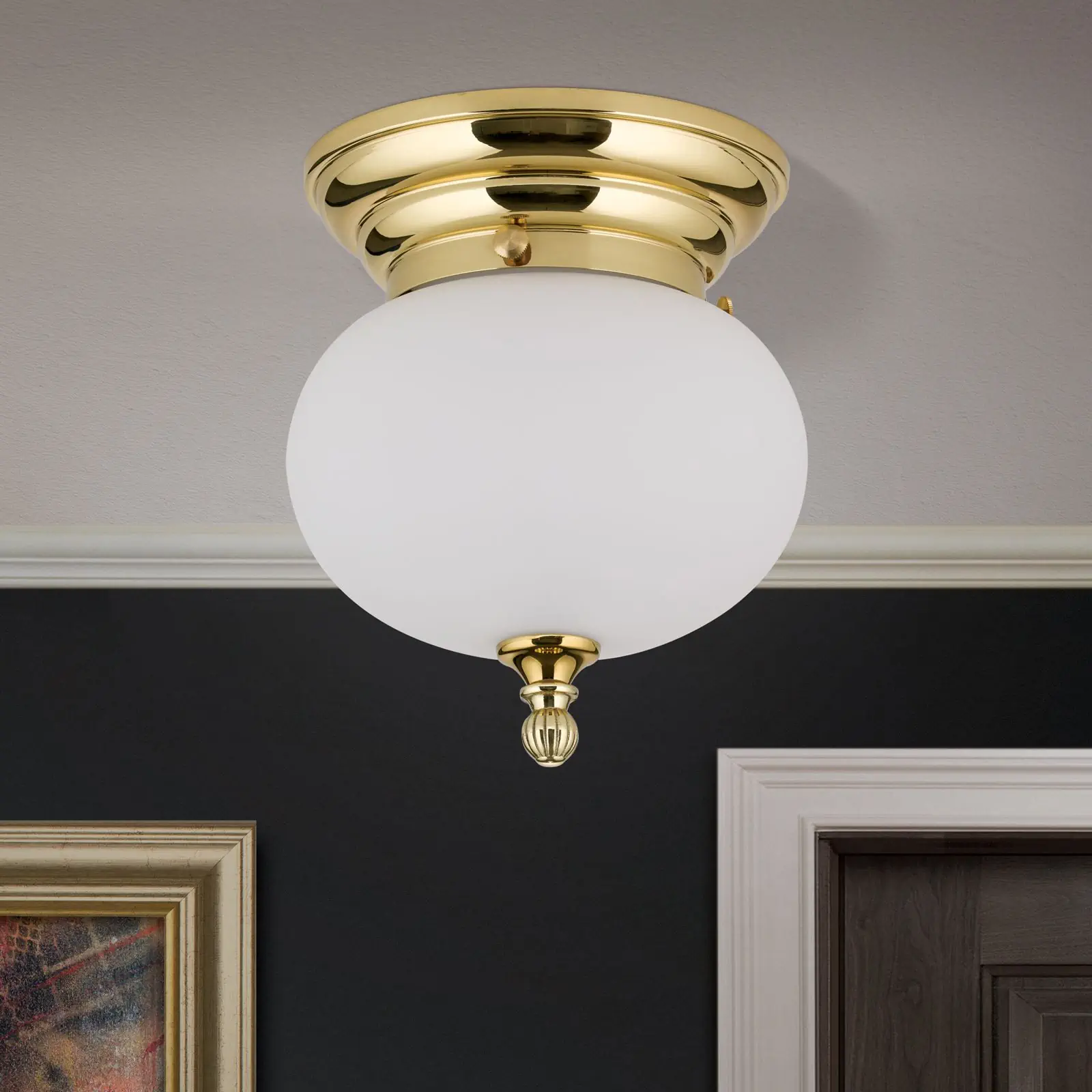 Plafonska lampa WIENER NOSTALGIE, sjajni mesing, opal-mat staklo, sa ukrasnim dugmetom, Ø 18 cm - 3