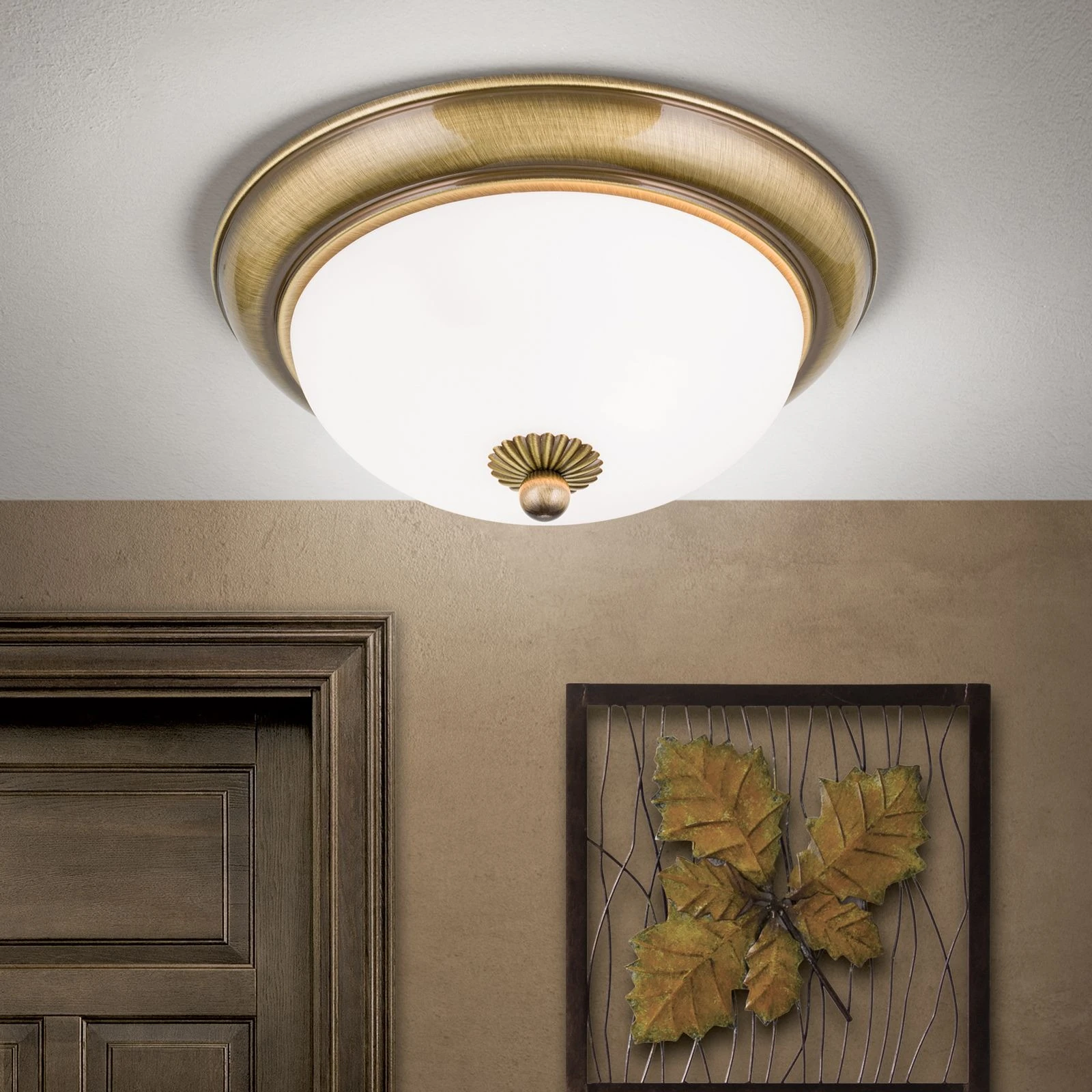 Plafonska lampa EMPIRE, antik mesing, sa opalno mat staklom, sa ukrasnim dugmetom, Ø 26 cm - 2