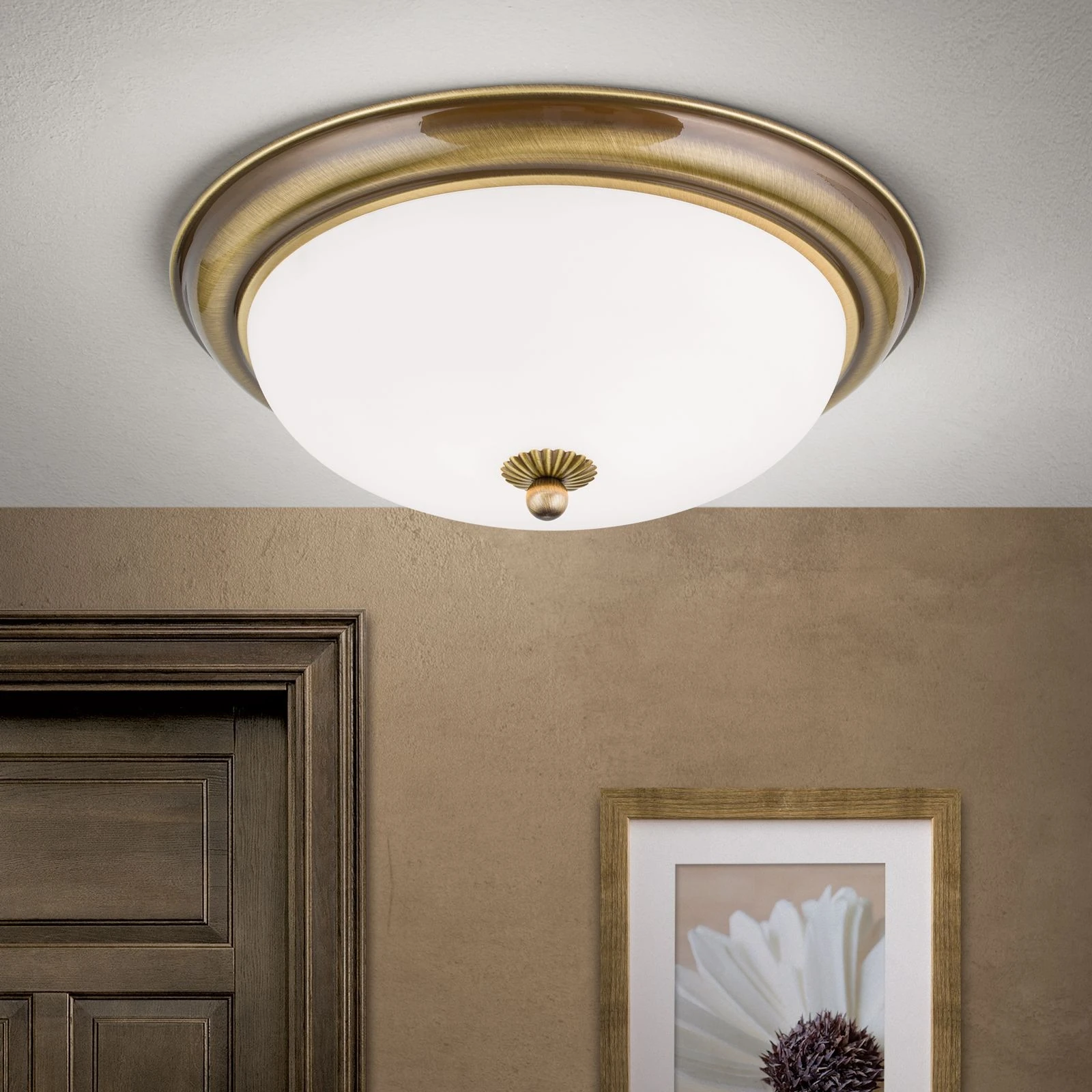 Plafonska lampa EMPIRE, antik mesing, sa opalno mat staklom, sa ukrasnim dugmetom, Ø 35 cm - 2