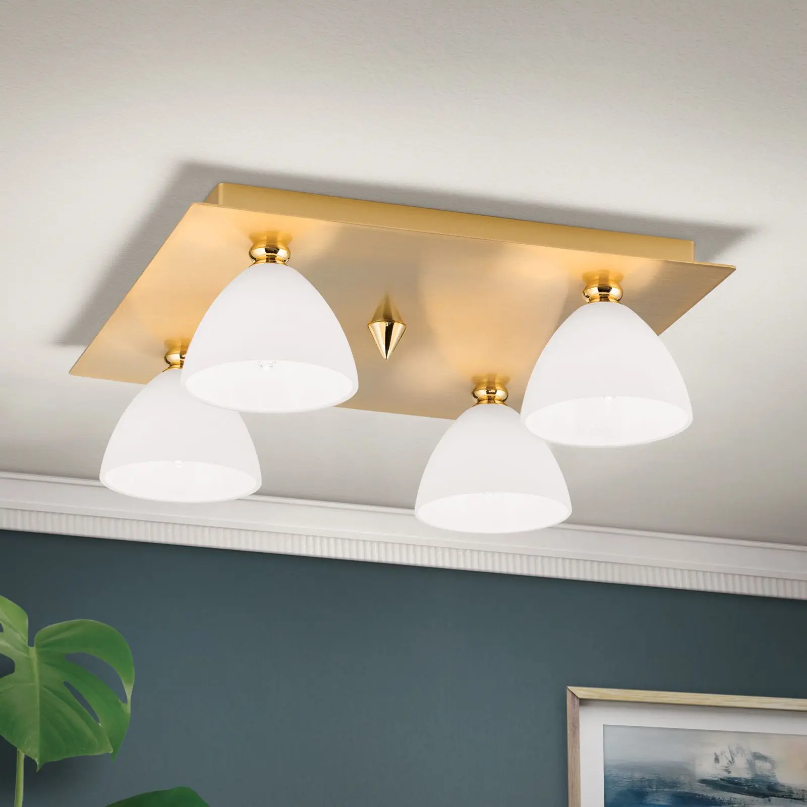 Plafonska lampa OPALDESIGN, 4 izvora svetla, mat zlato, sa opalnim staklom - 1