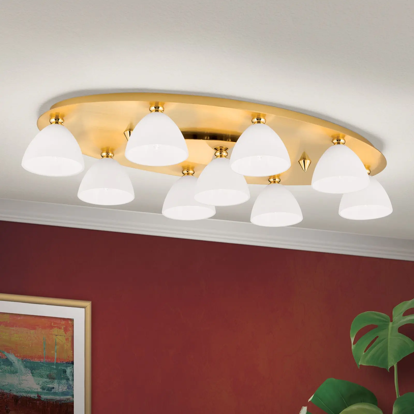 Plafonska lampa OPALDESIGN, 9 izvora svetla, mat zlato, sa opalnim staklom - 1