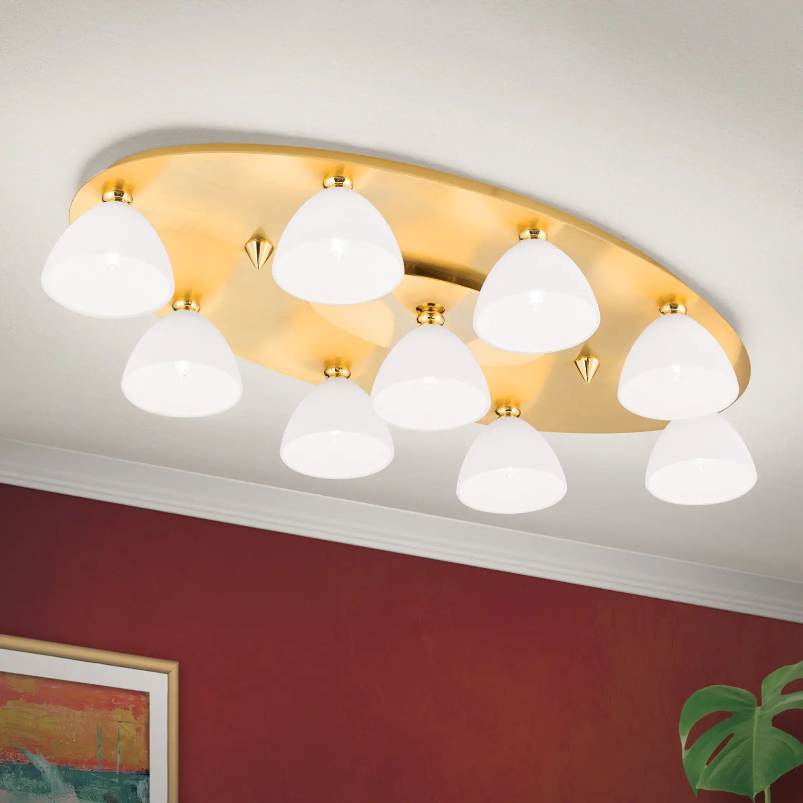 Plafonska lampa OPALDESIGN, 9 izvora svetla, mat zlato, sa opalnim staklom - 2