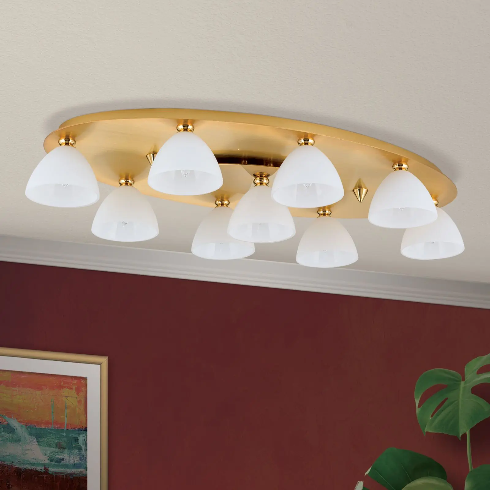 Plafonska lampa OPALDESIGN, 9 izvora svetla, mat zlato, sa opalnim staklom - 3