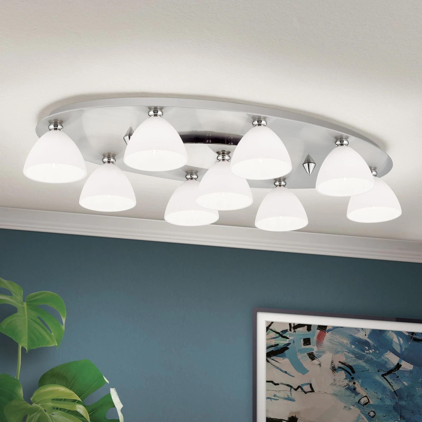 Plafonska lampa OPALDESIGN, 9 izvora svetla, saten hrom, opal staklo - 1