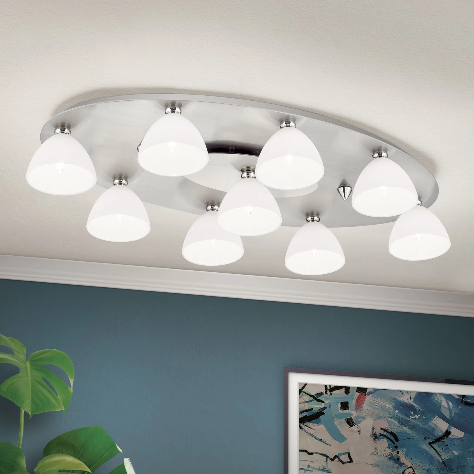 Plafonska lampa OPALDESIGN, 9 izvora svetla, saten hrom, opal staklo - 2