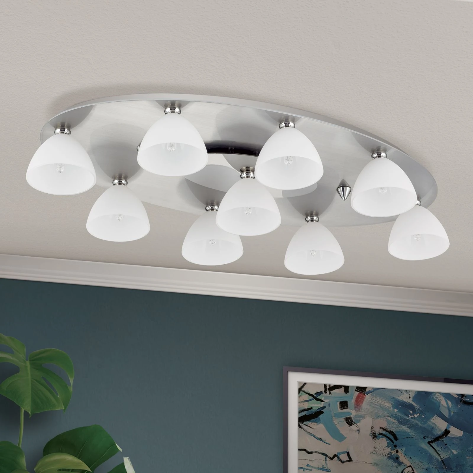 Plafonska lampa OPALDESIGN, 9 izvora svetla, saten hrom, opal staklo - 3