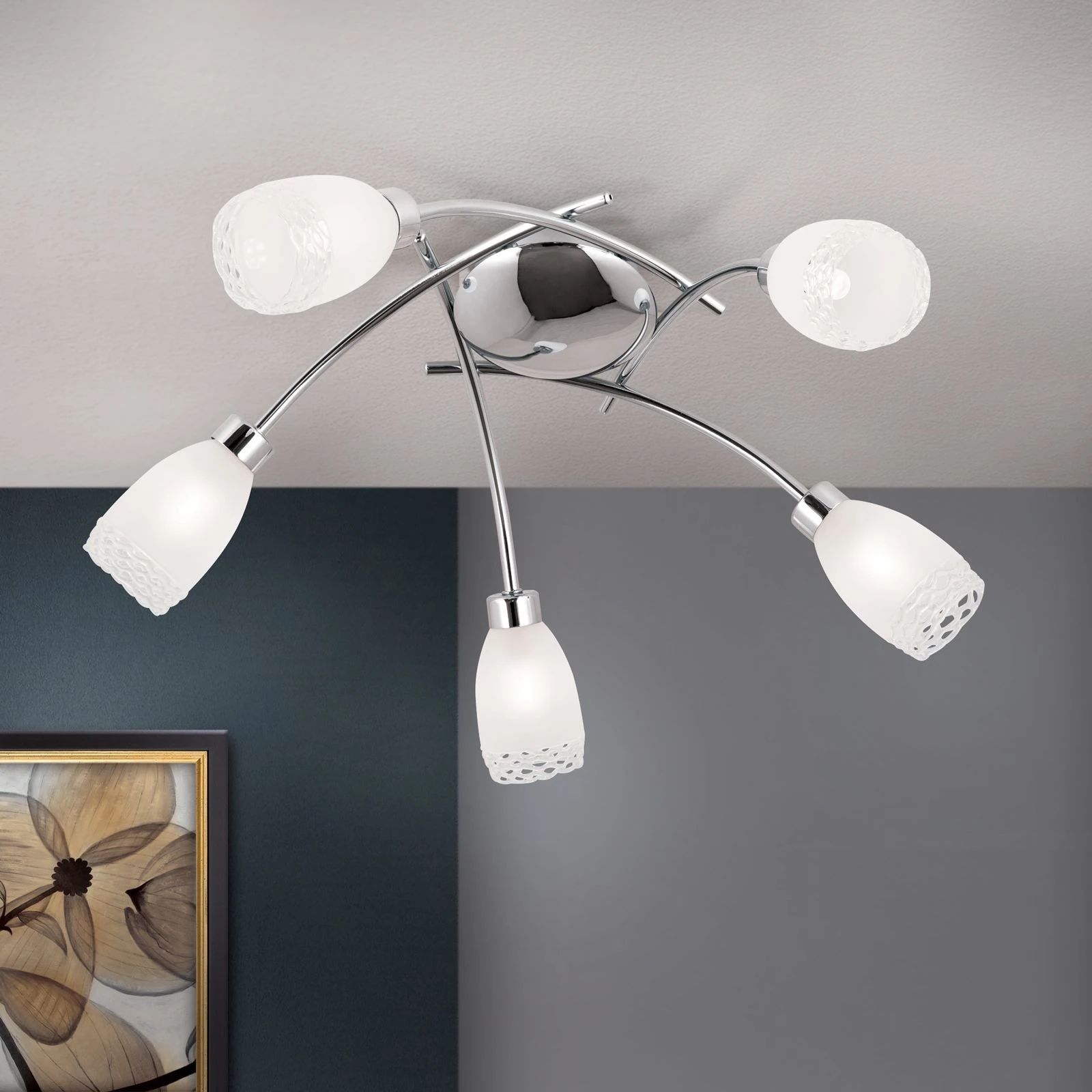 Plafonska lampa CARLA, 5 izvora svetla, hrom, satenirano staklo - 2