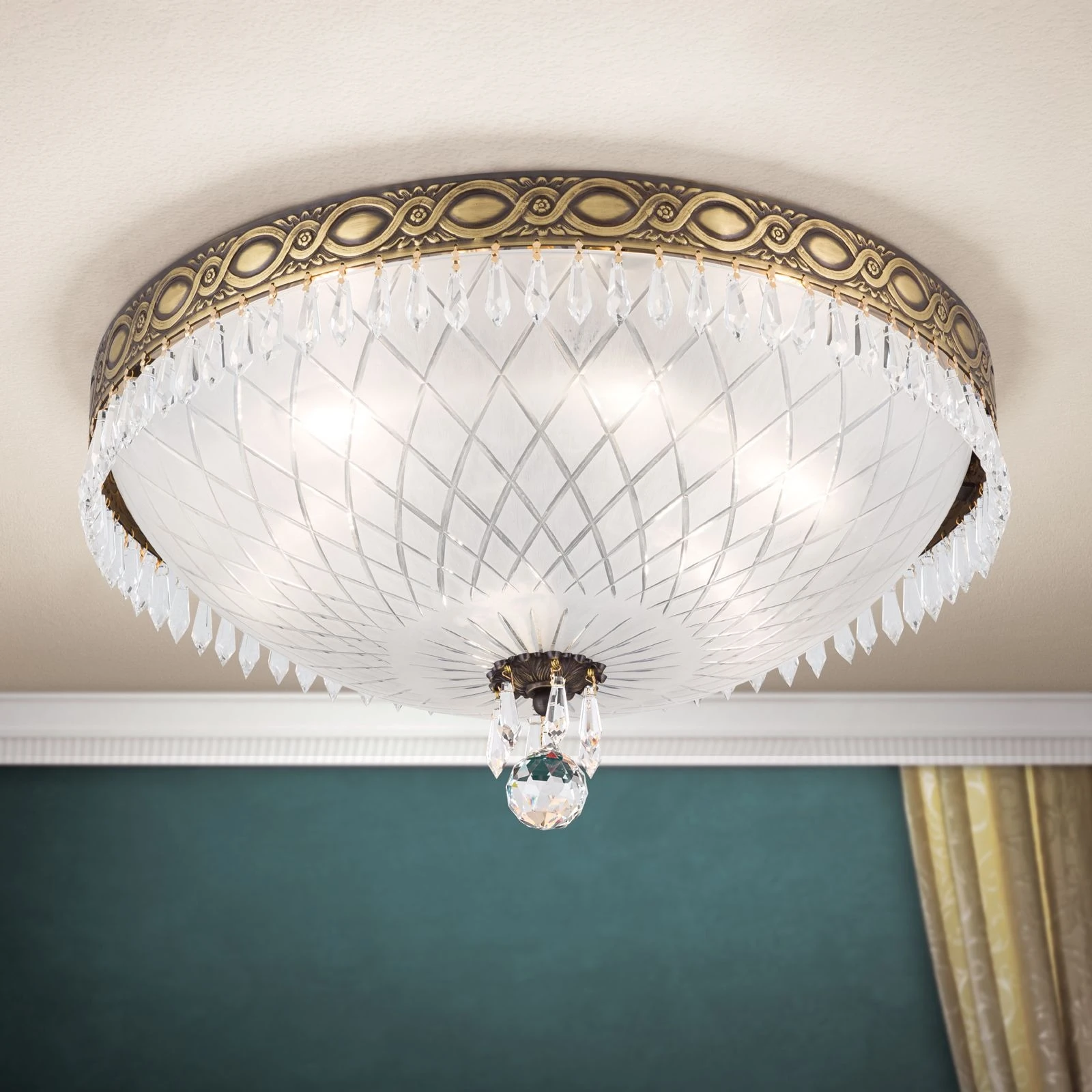 Plafonska lampa EMPIRE CRYSTAL, antik mesing, saten staklo, Ø 45 cm - 2