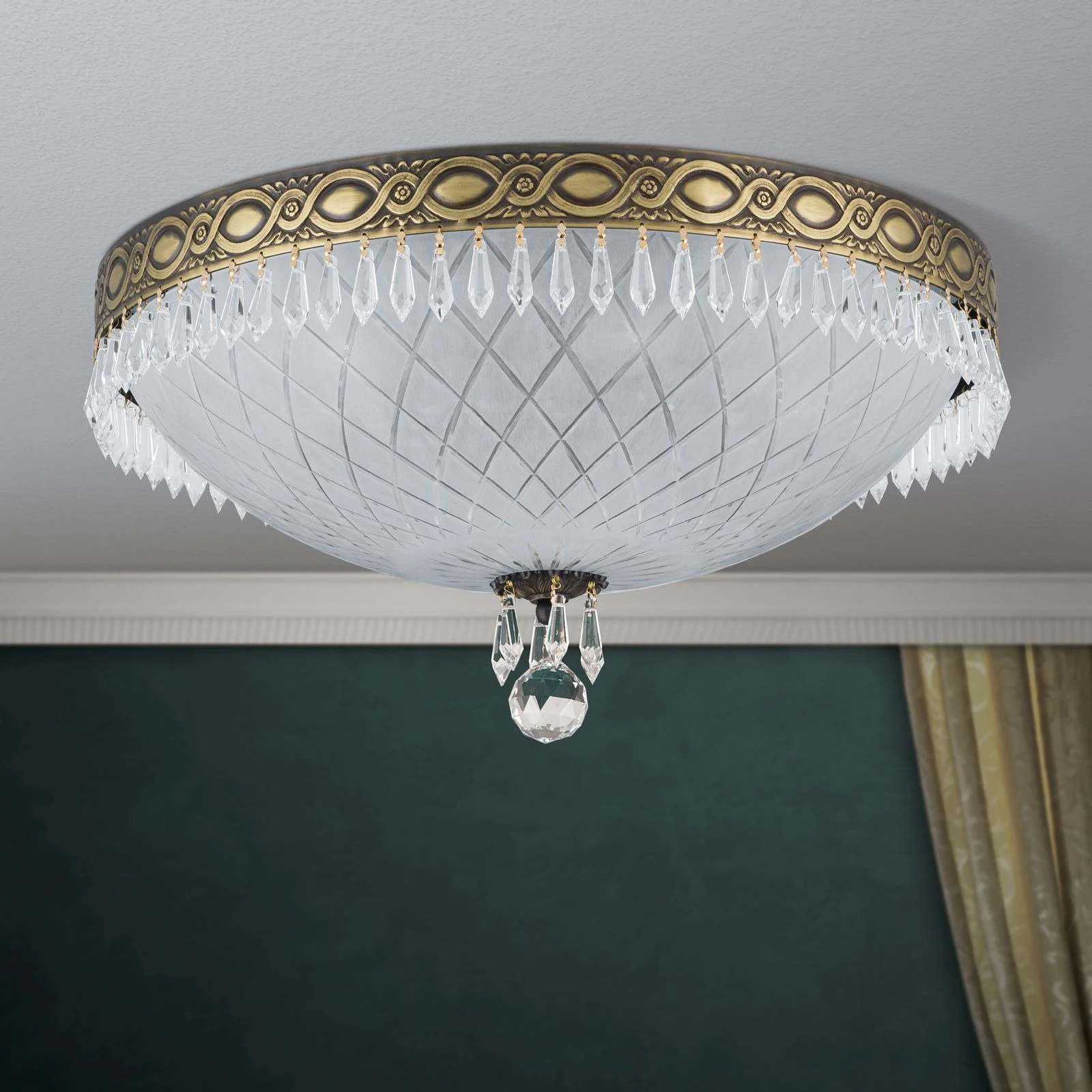 Plafonska lampa EMPIRE CRYSTAL, antik mesing, saten staklo, Ø 45 cm - 3