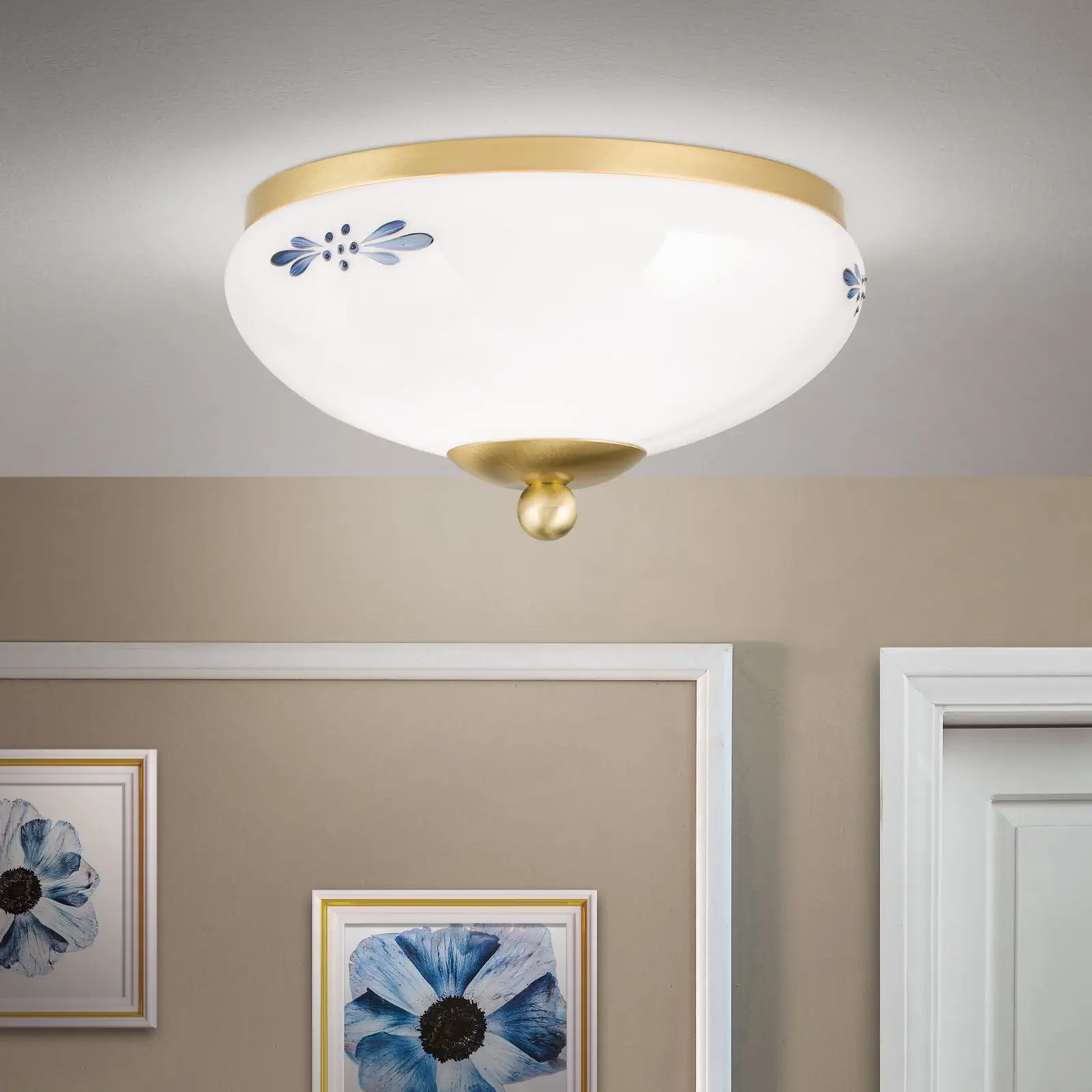 Plafonska lampa LANDHAUS, mesing, sa plavim dekorom, sa ukrasnim dugmetom, Ø 21 cm - 1