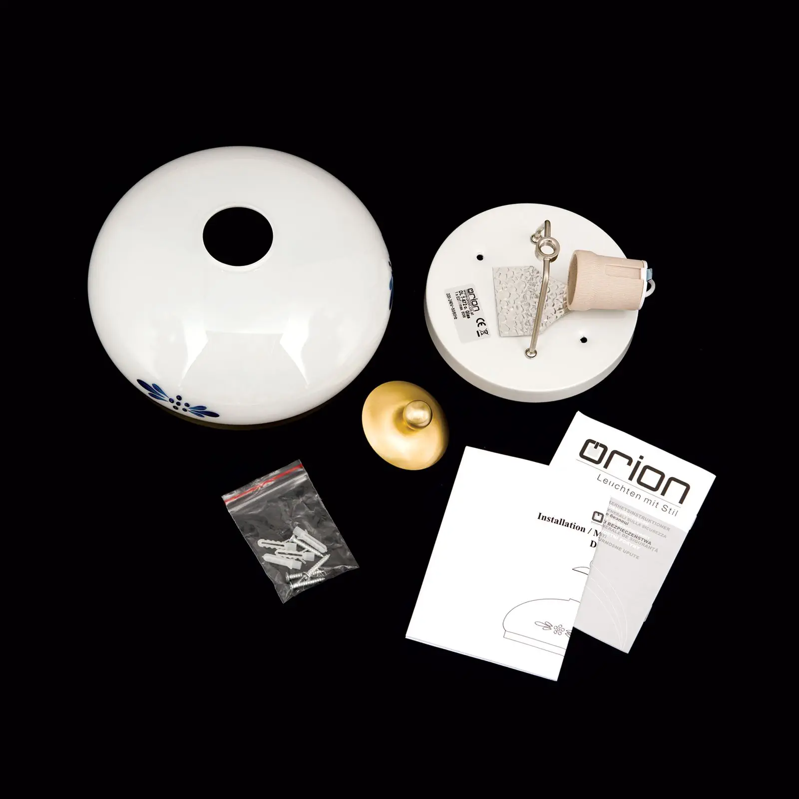 Plafonska lampa LANDHAUS, mesing, sa plavim dekorom, sa ukrasnim dugmetom, Ø 21 cm - 8