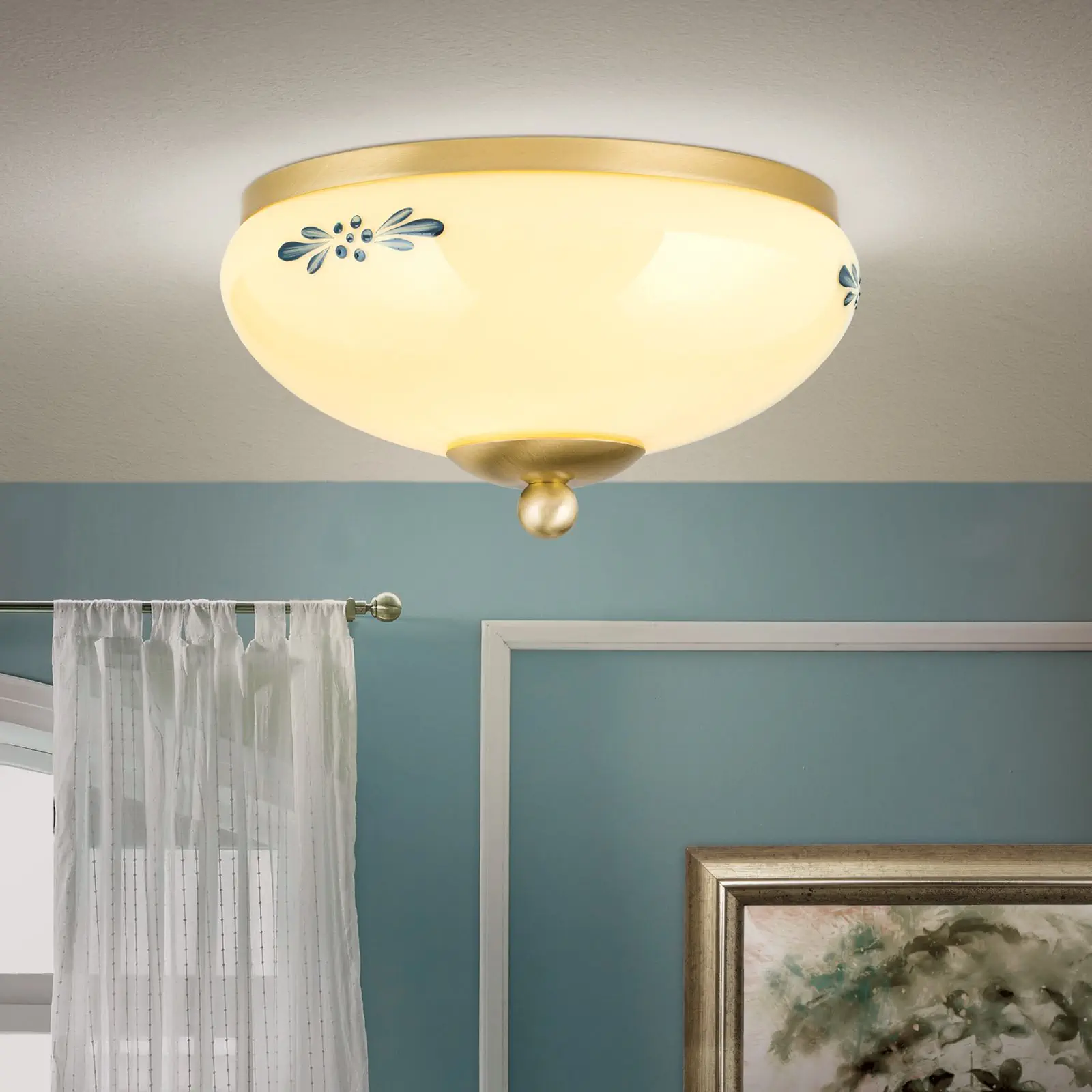 Plafonska lampa LANDHAUS, mesing, sa plavom dekoracijom, sa ukrasnim dugmetom, Ø 21 cm - 1