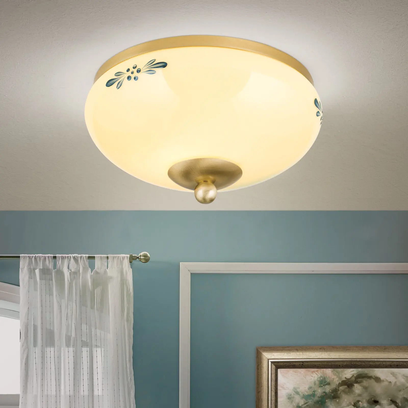 Plafonska lampa LANDHAUS, mesing, sa plavom dekoracijom, sa ukrasnim dugmetom, Ø 21 cm - 2