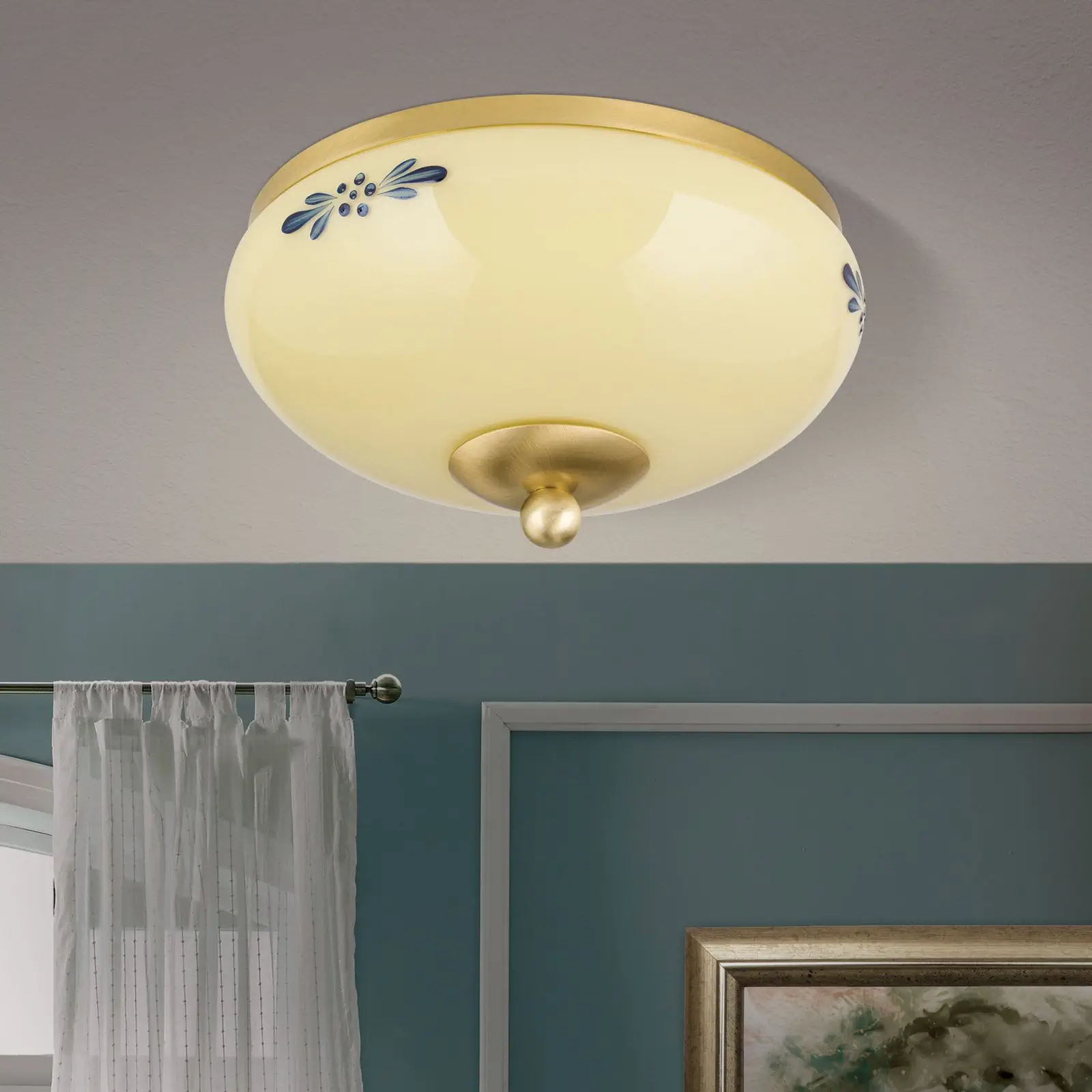 Plafonska lampa LANDHAUS, mesing, sa plavom dekoracijom, sa ukrasnim dugmetom, Ø 21 cm - 3