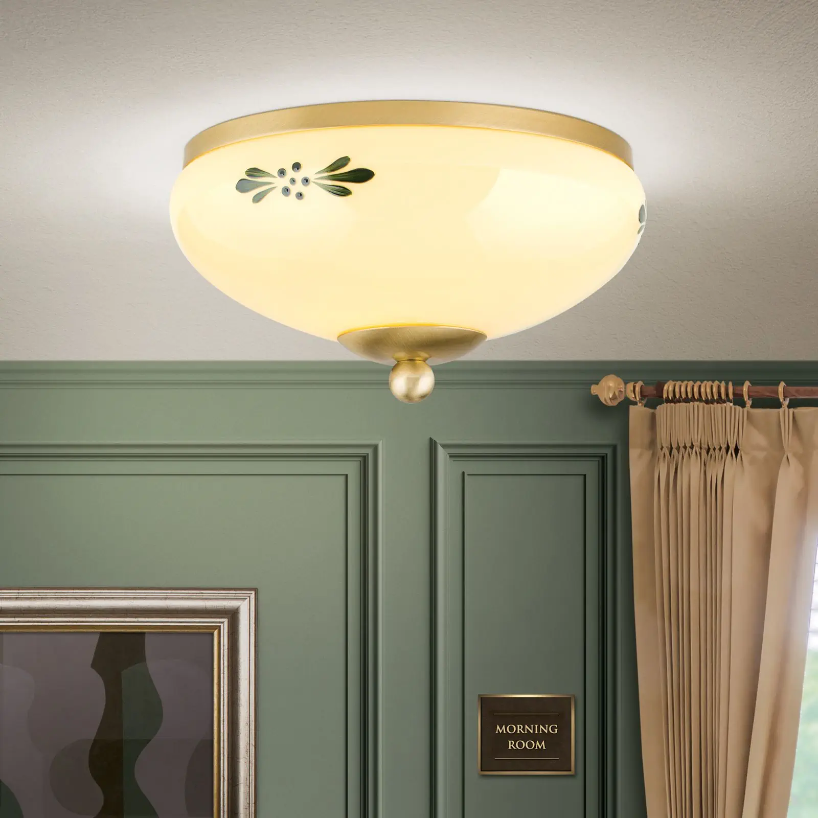 Plafonska lampa LANDHAUS, mesing, sa zelenom dekoracijom, sa ukrasnim dugmetom, Ø 21 cm - 1