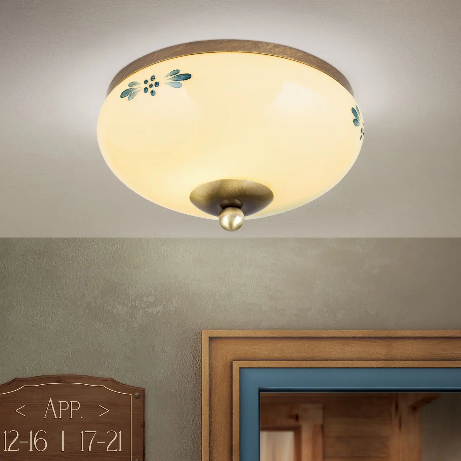 Plafonska lampa LANDHAUS, patina, sa plavom dekoracijom, sa ukrasnim dugmetom, Ø 21 cm - 2