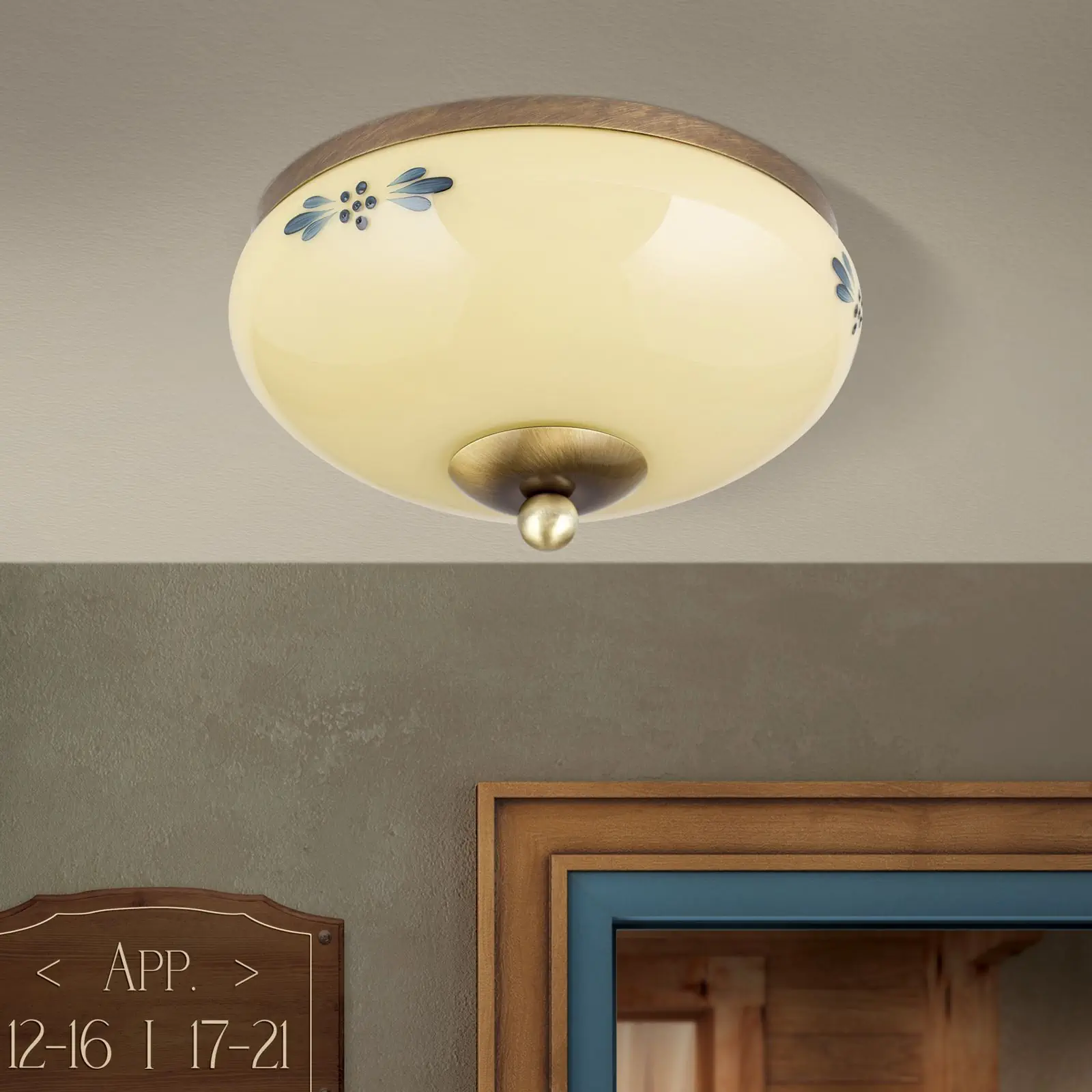 Plafonska lampa LANDHAUS, patina, sa plavom dekoracijom, sa ukrasnim dugmetom, Ø 21 cm - 3