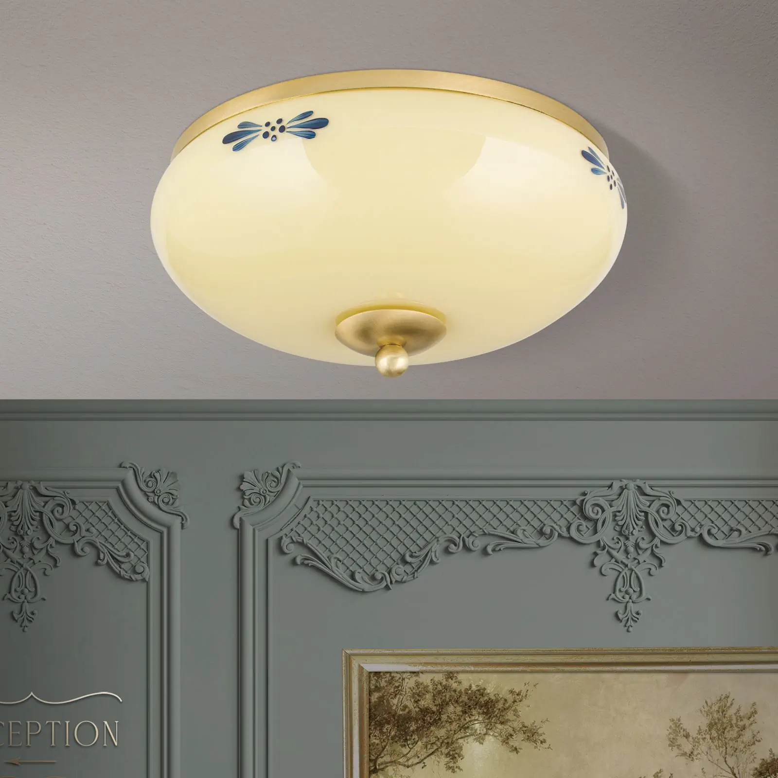 Plafonska lampa LANDHAUS, mesing, sa plavom dekoracijom, sa ukrasnim dugmetom, Ø 28 cm - 3