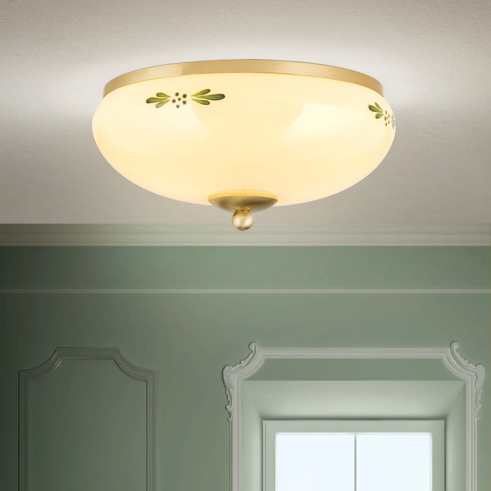 Plafonska lampa LANDHAUS, mesing, sa zelenim dekorom, sa ukrasnim dugmetom, Ø 28 cm - 1