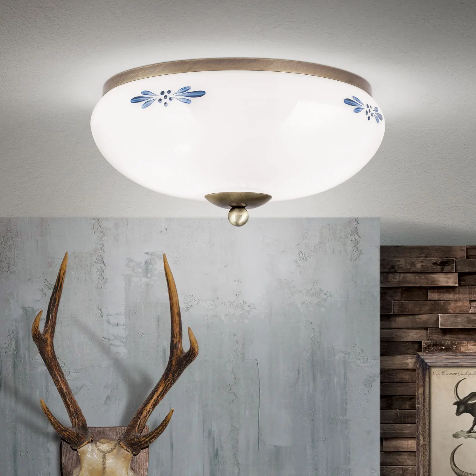 Plafonska lampa LANDHAUS, patina, sa plavom dekoracijom, sa ukrasnim dugmetom, Ø 28 cm - 1