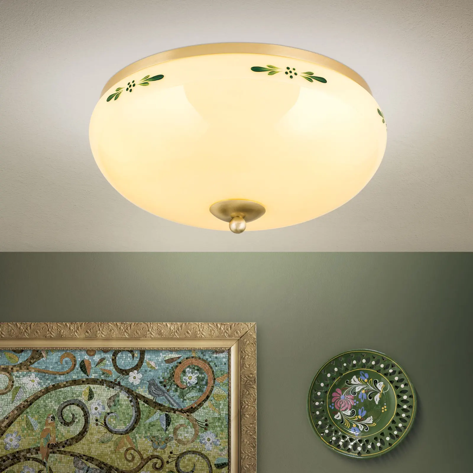 Plafonska lampa LANDHAUS, mesing, sa zelenim dekorom, sa ukrasnim dugmetom, Ø 35 cm - 2