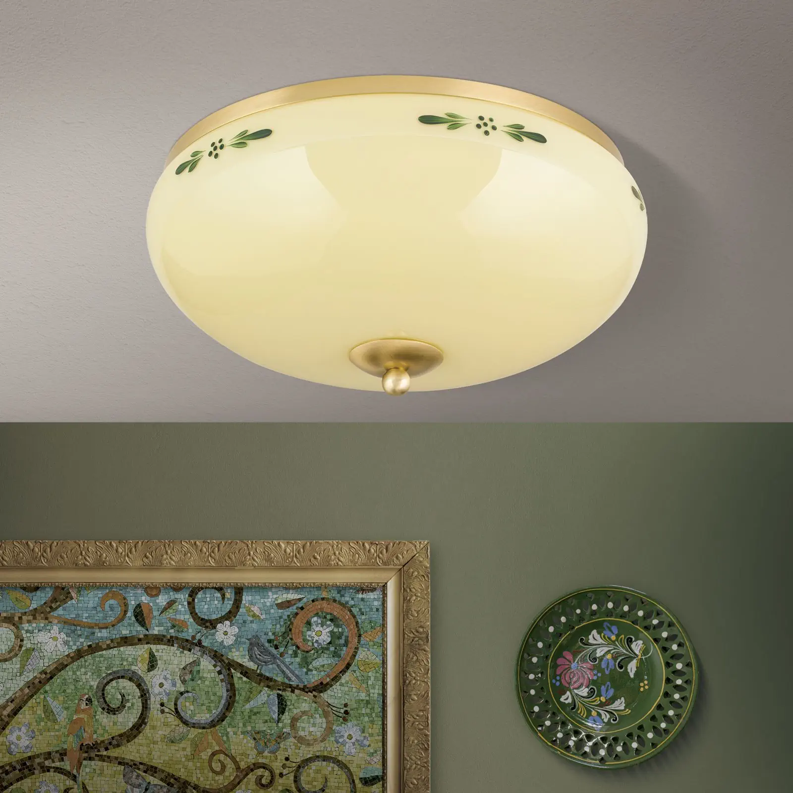 Plafonska lampa LANDHAUS, mesing, sa zelenim dekorom, sa ukrasnim dugmetom, Ø 35 cm - 3