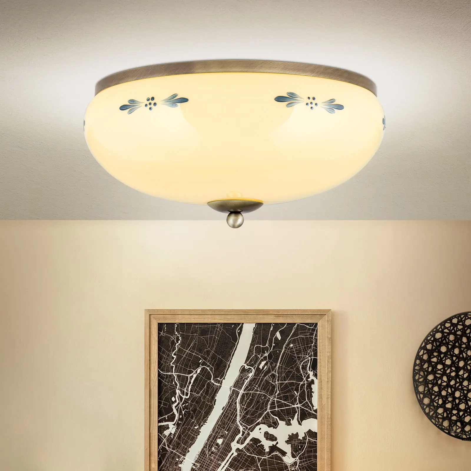 Plafonska lampa LANDHAUS, patina, sa plavim dekorom, sa ukrasnim dugmetom, Ø 35 cm - 1