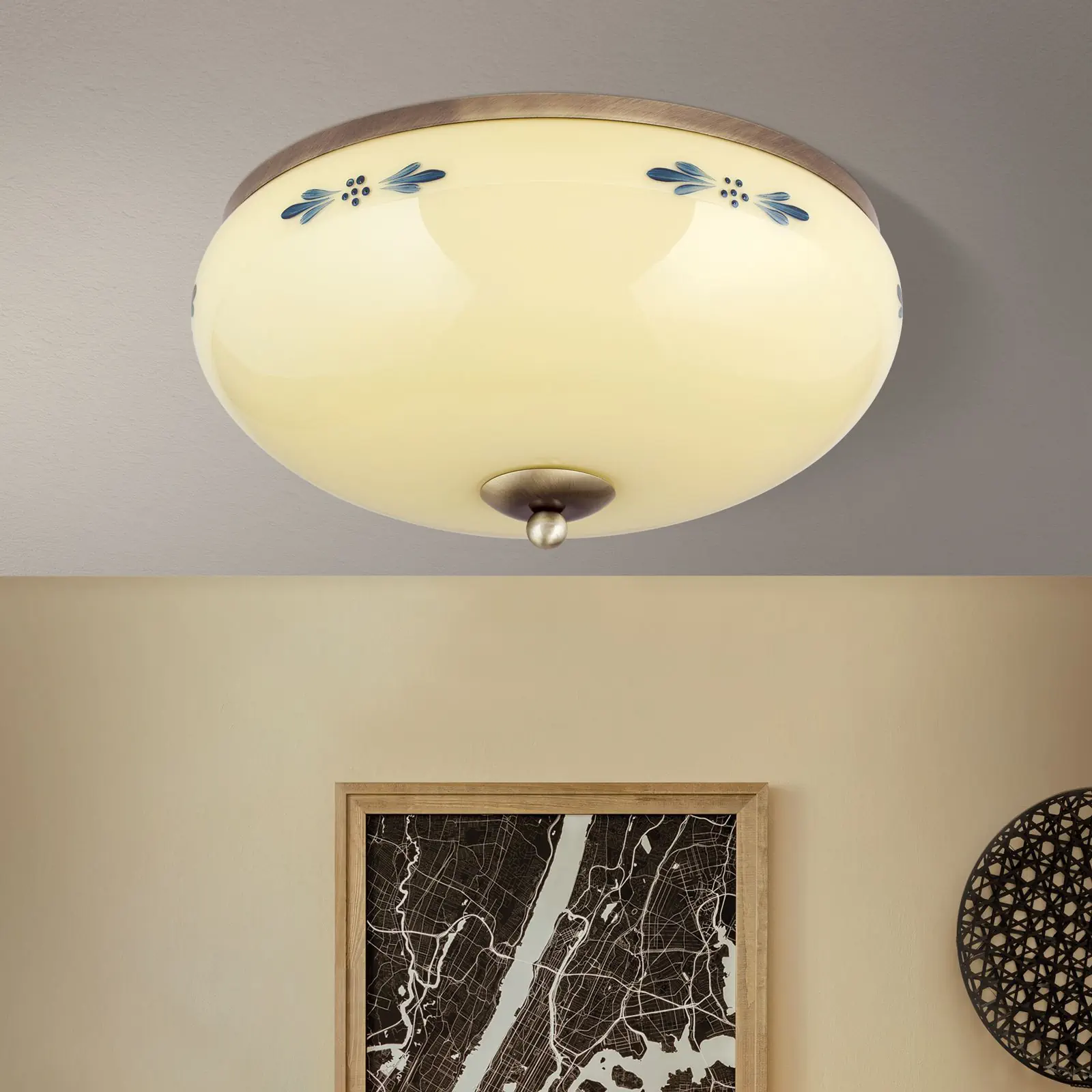 Plafonska lampa LANDHAUS, patina, sa plavim dekorom, sa ukrasnim dugmetom, Ø 35 cm - 3