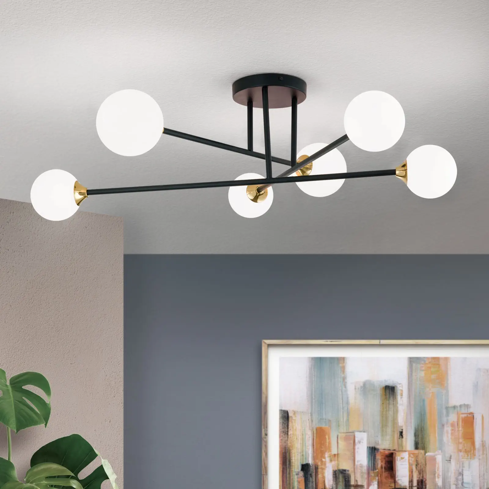 Plafonska lampa SNOWWHITE, 6 izvora svetla, crni mesing - 1