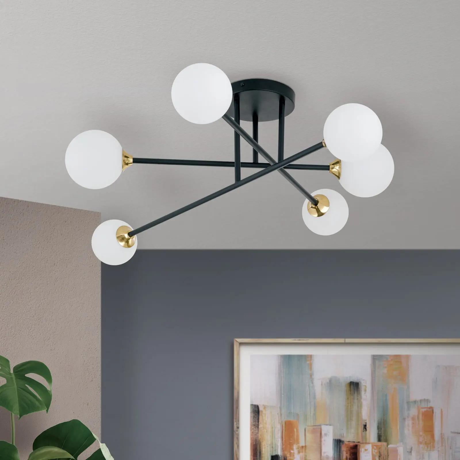 Plafonska lampa SNOWWHITE, 6 izvora svetla, crni mesing - 3