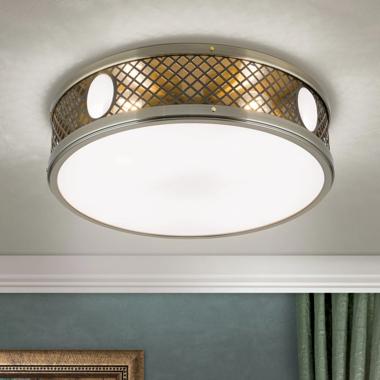 Plitka plafonska lampa ALT WIEN, antik mesing, 53 cm - 2