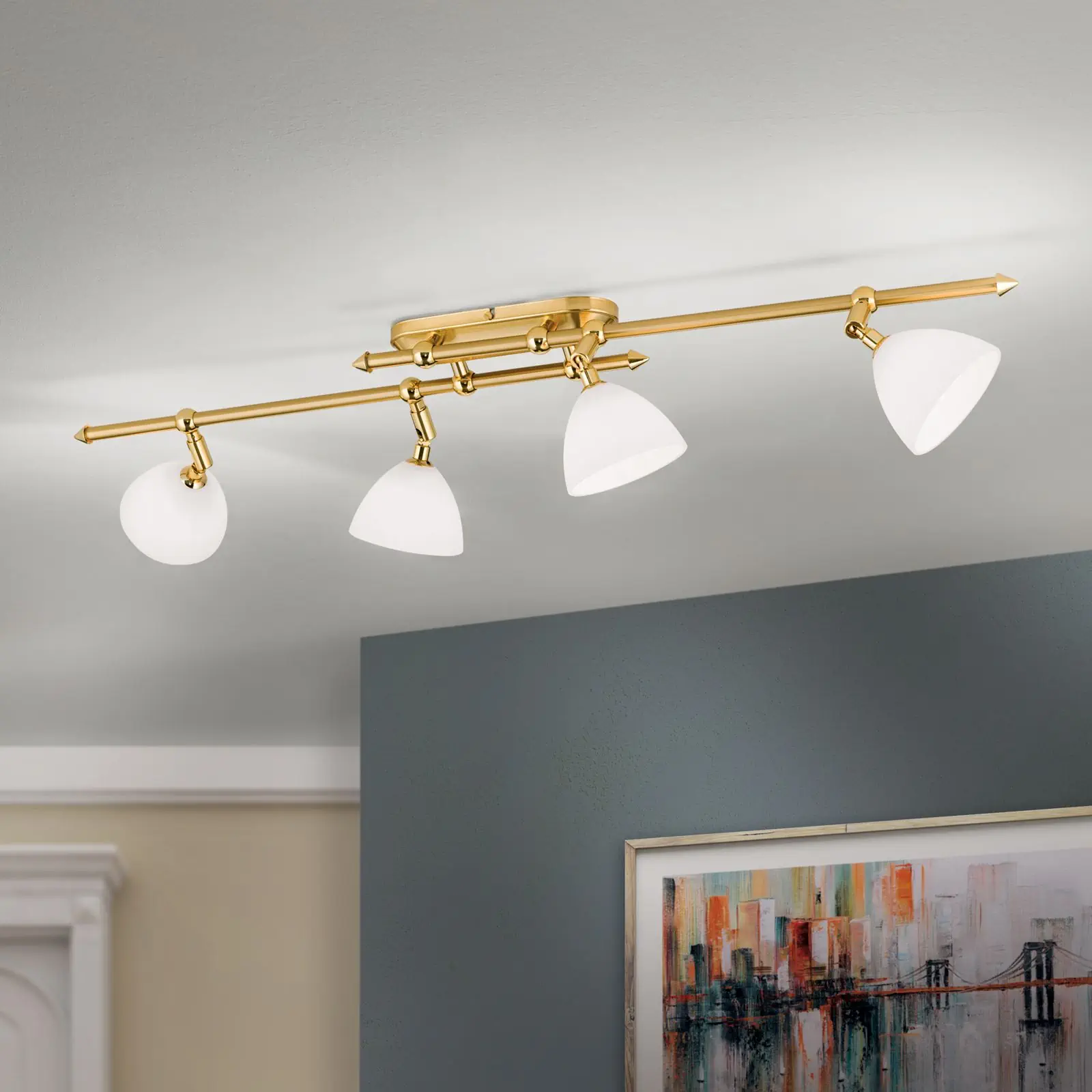 Spot lampa OPALDESIGN, 4 izvora svetla, mat zlatna, sa opalnim staklom