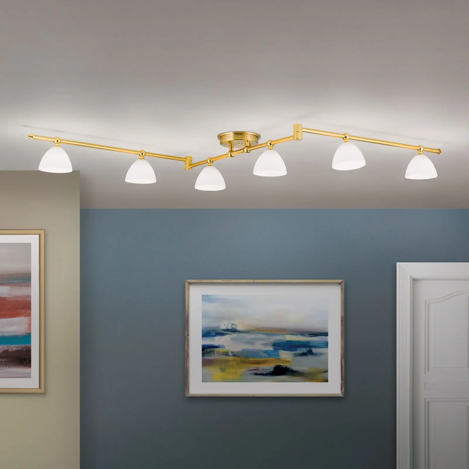 Spot lampa OPALDESIGN, 6 izvora svetla, mat zlatna, sa opalnim staklom