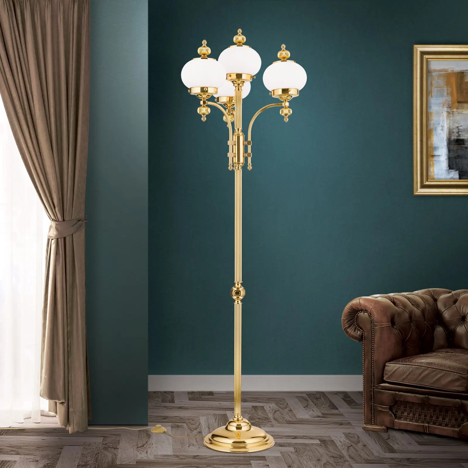 Podna lampa WIENER NOSTALGIE, 4 izvora svetla, sjajni mesing, sa opal mat staklom - 2