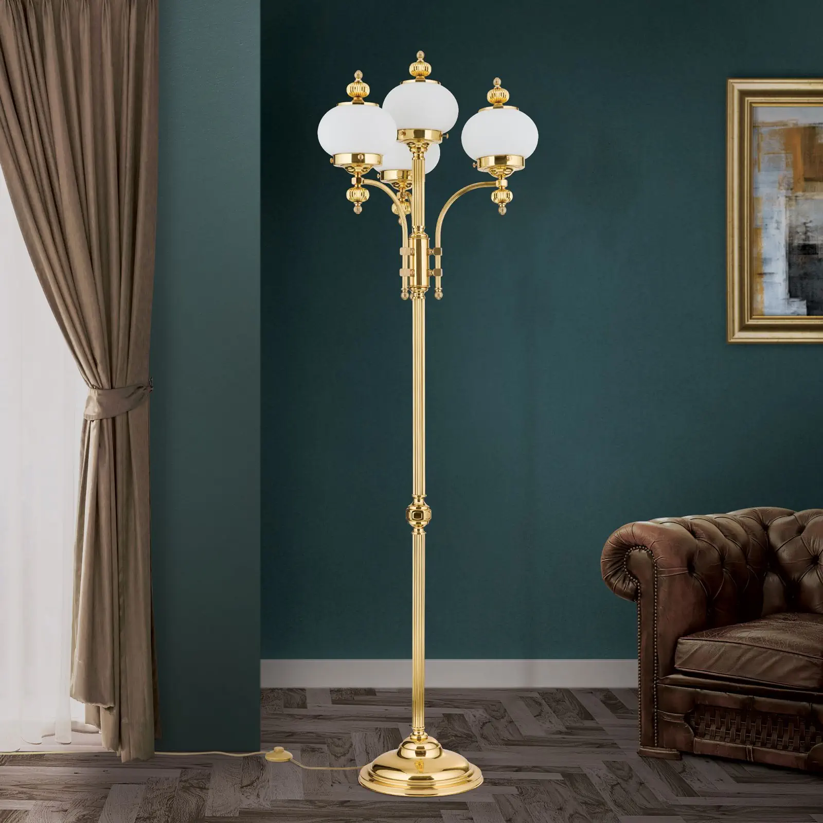 Podna lampa WIENER NOSTALGIE, 4 izvora svetla, sjajni mesing, sa opal mat staklom - 3