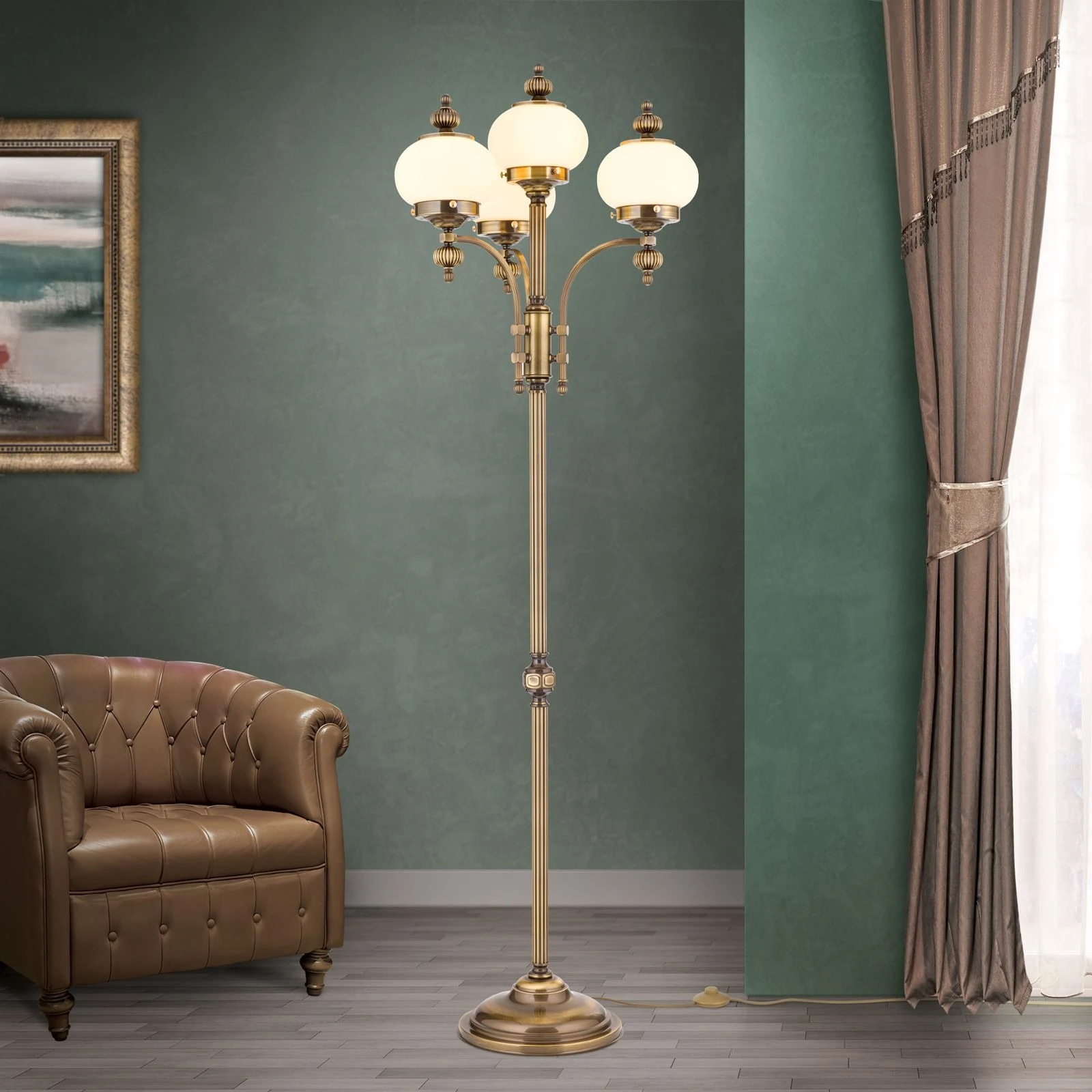 Podna lampa WIENER NOSTALGIE, 4 izvora svetla, antik mesing, šampanj mat staklo, sa prekidačem - 2