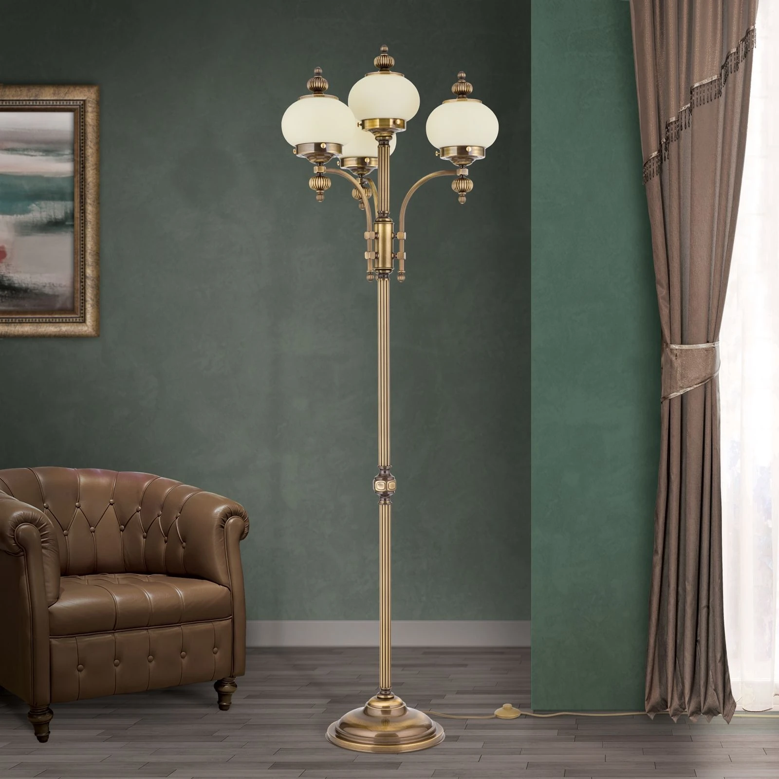 Podna lampa WIENER NOSTALGIE, 4 izvora svetla, antik mesing, šampanj mat staklo, sa prekidačem - 3
