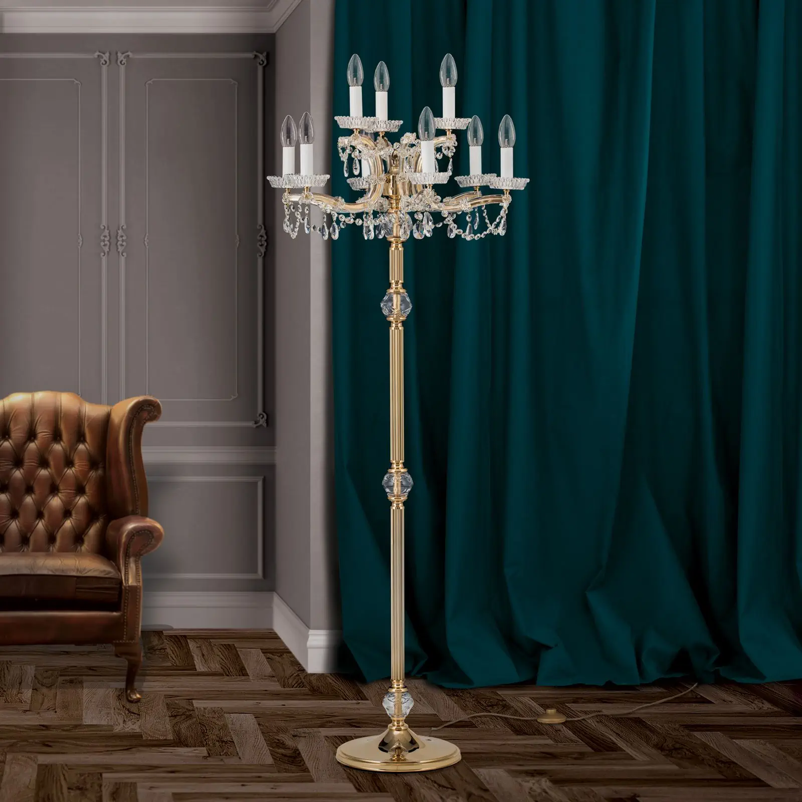 Podna lampa MARIA THERESIA, 9 izvora svetla, zlatna - 3