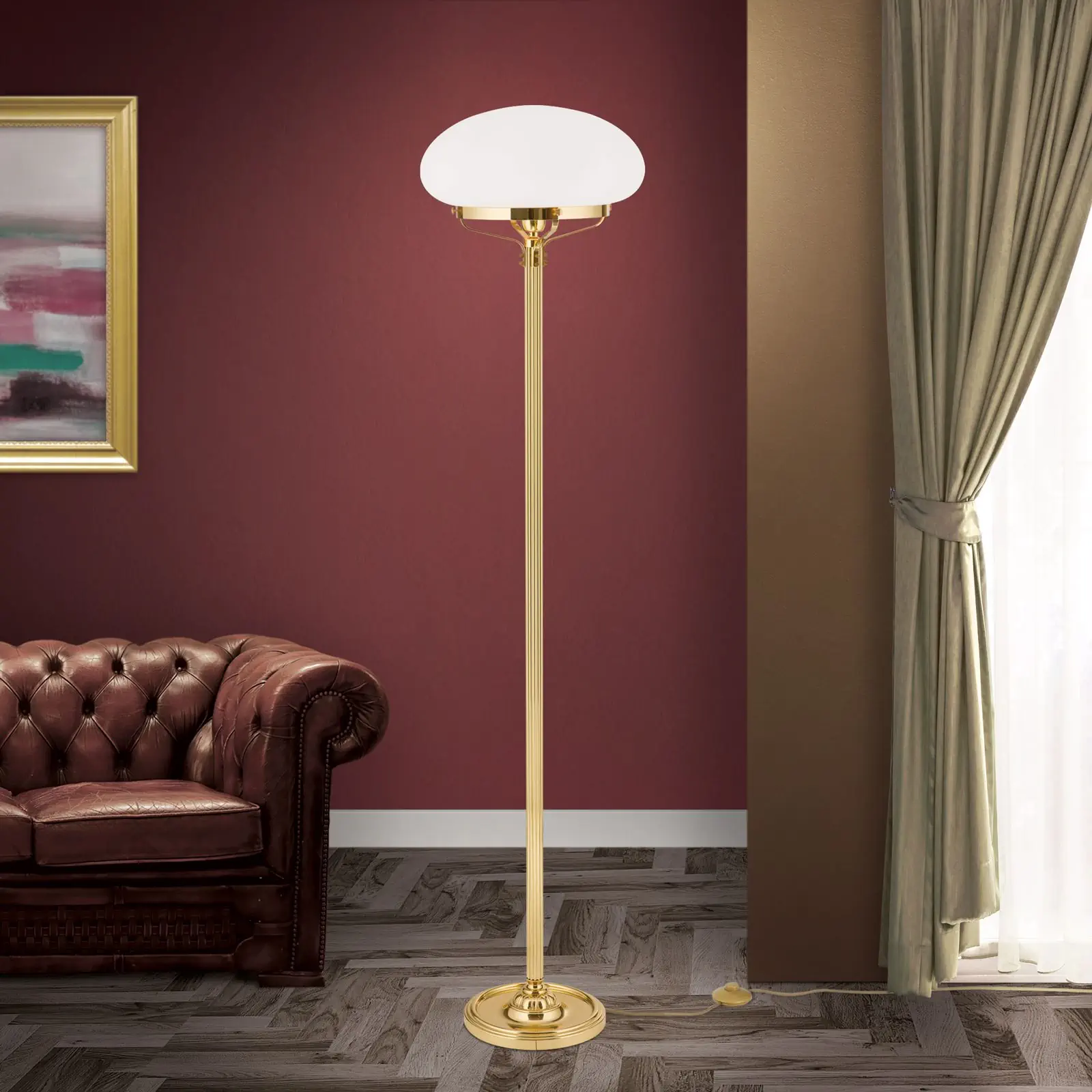 Podna lampa WIENER NOSTALGIE, sjajni mesing, sa opal mat staklom