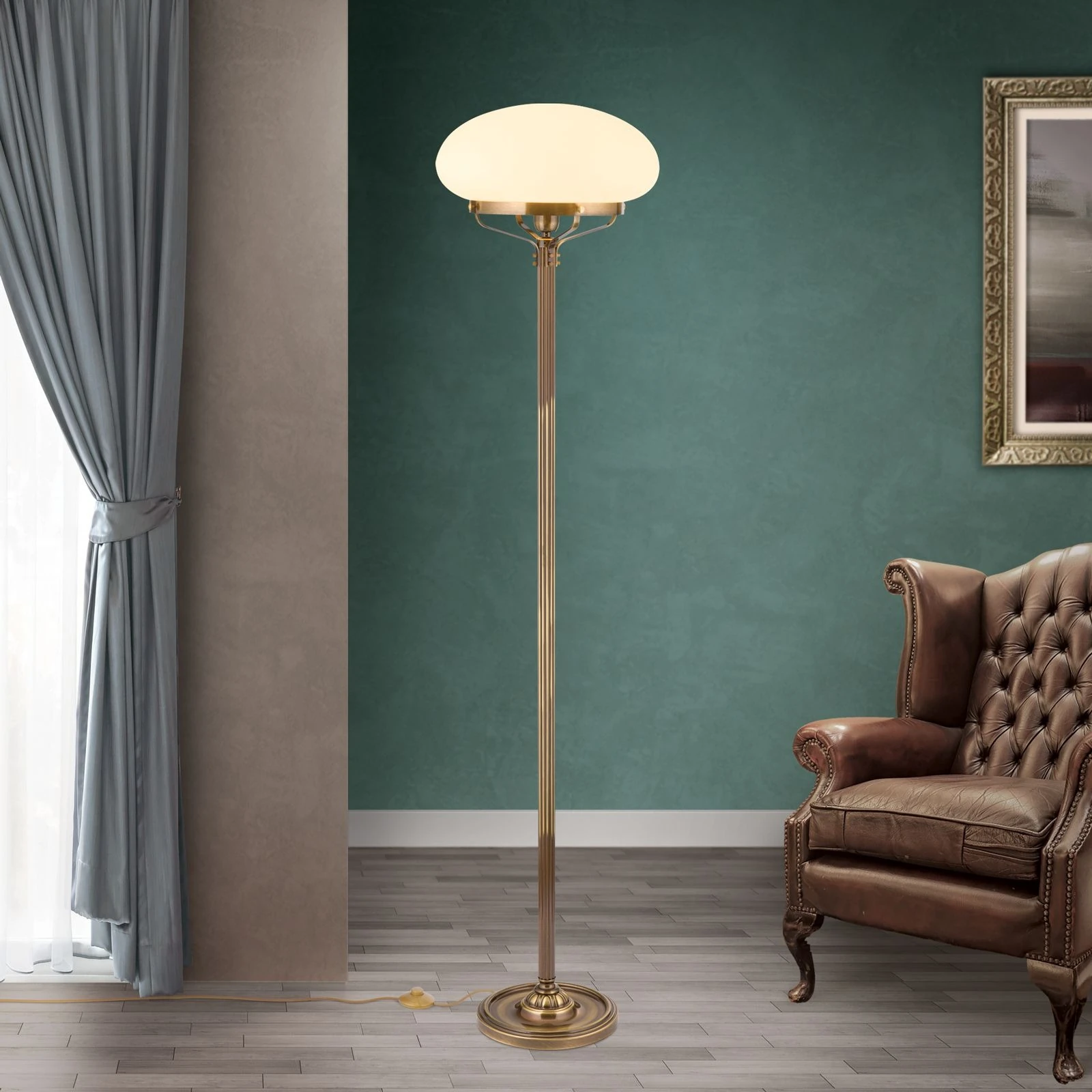 Podna lampa WIENER NOSTALGIE, antik mesing, opal mat staklo, sa stepenastim prekidačem