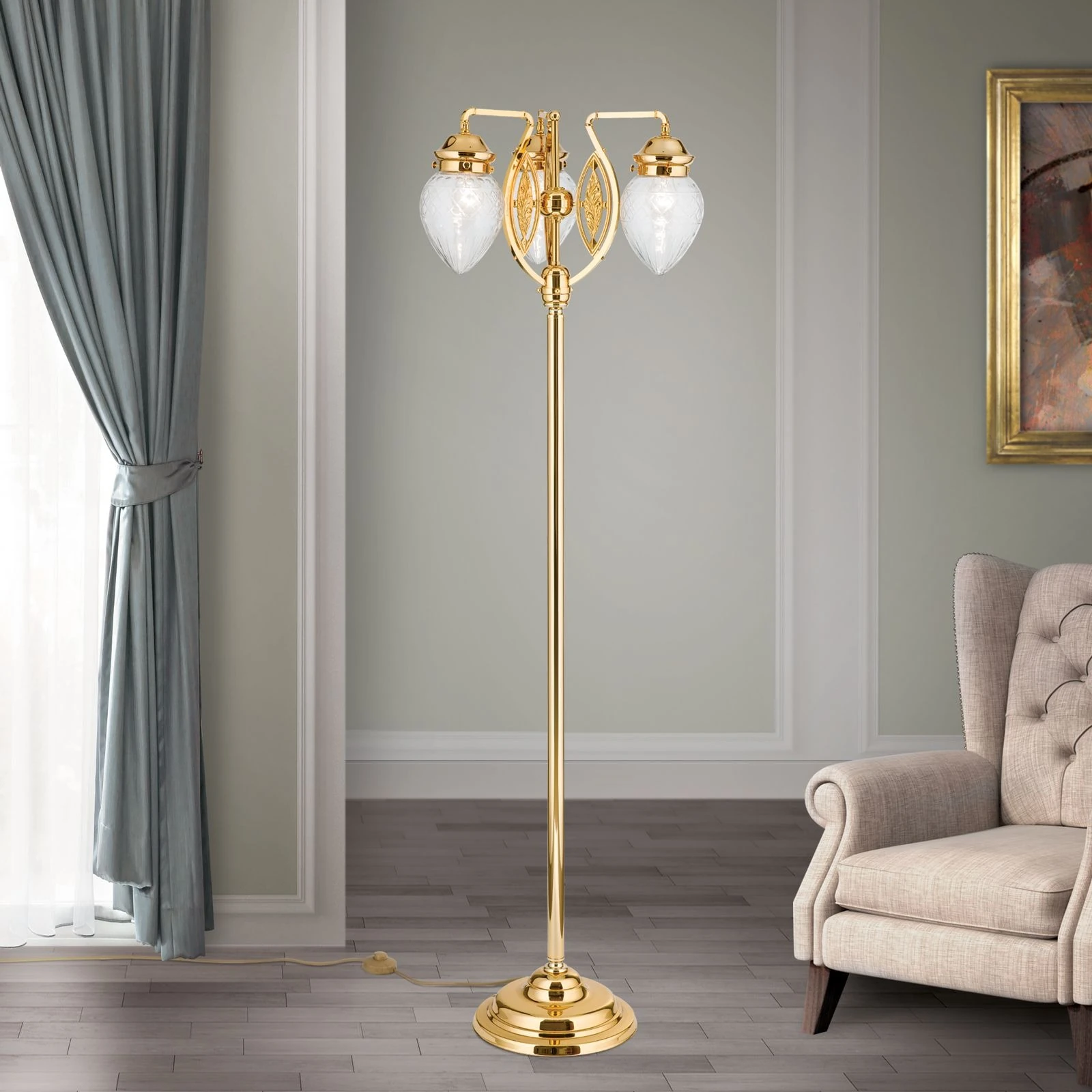 Podna lampa BUDAPEST, zlato, 3 izvora svetla, providno kristalno staklo - 2