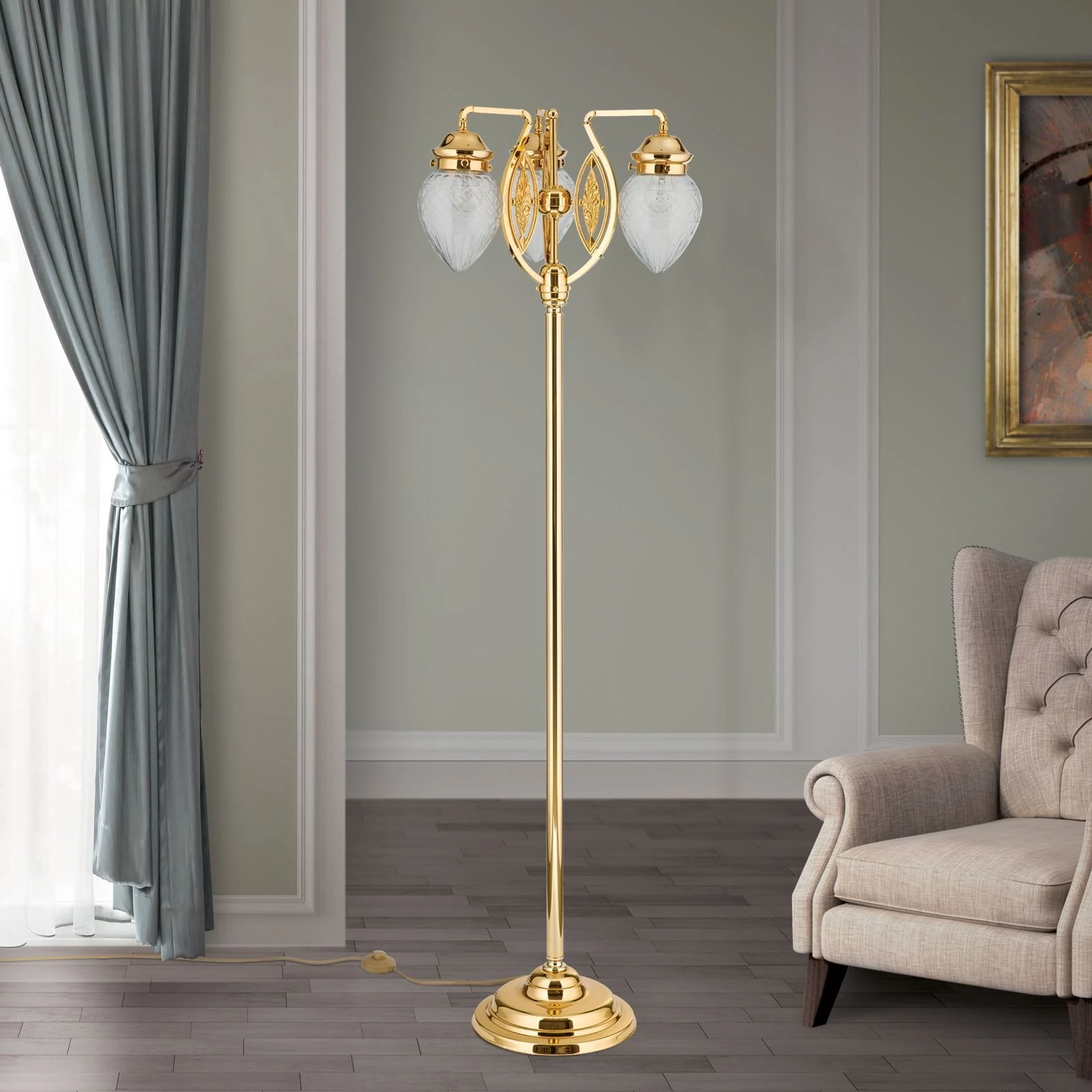 Podna lampa BUDAPEST, zlato, 3 izvora svetla, providno kristalno staklo - 3