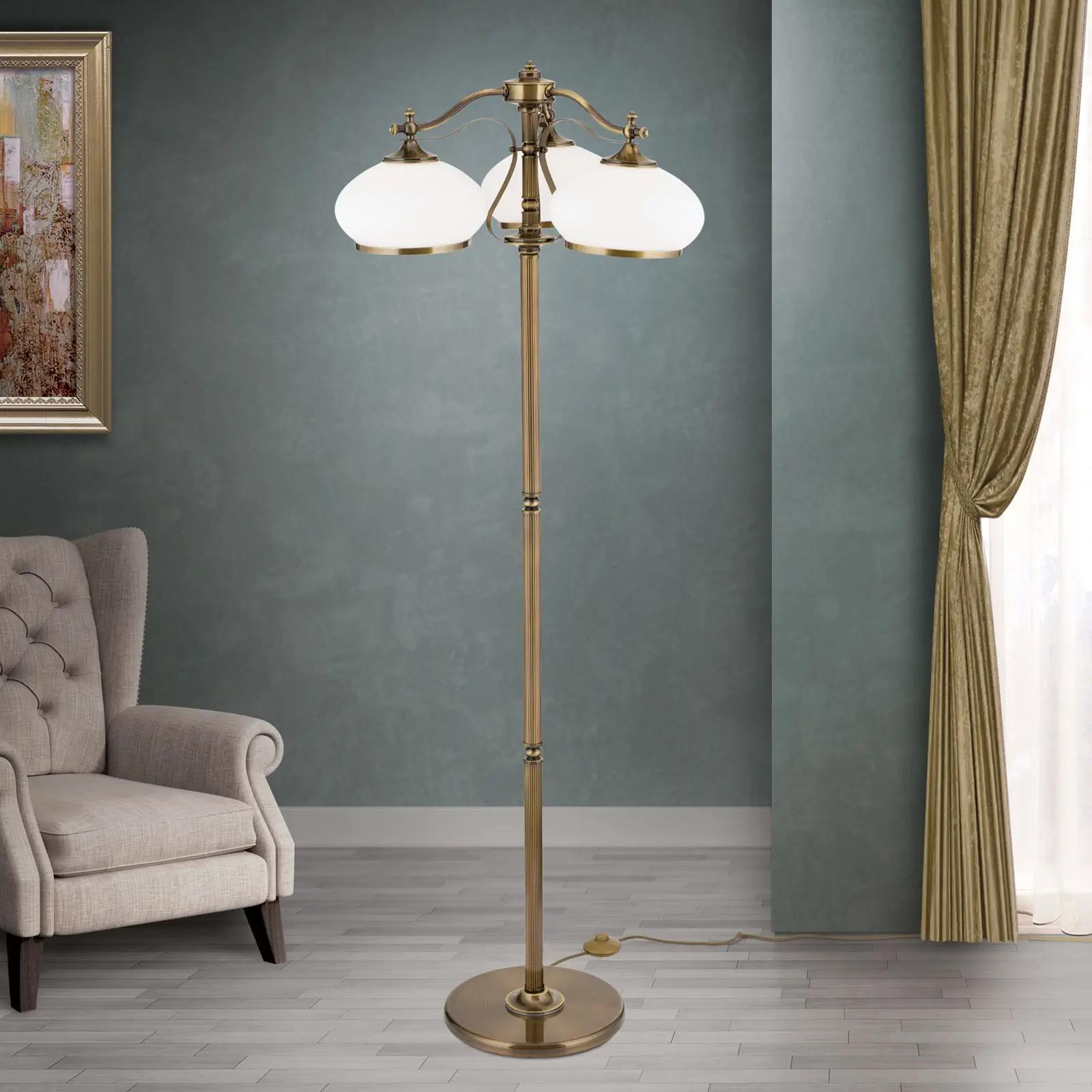 Podna lampa EMPIRE, sa 3 opal abažura, antik mesing završna obrada - 2