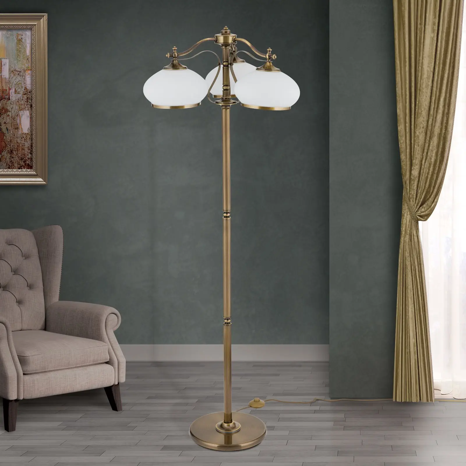 Podna lampa EMPIRE, sa 3 opal abažura, antik mesing završna obrada - 3