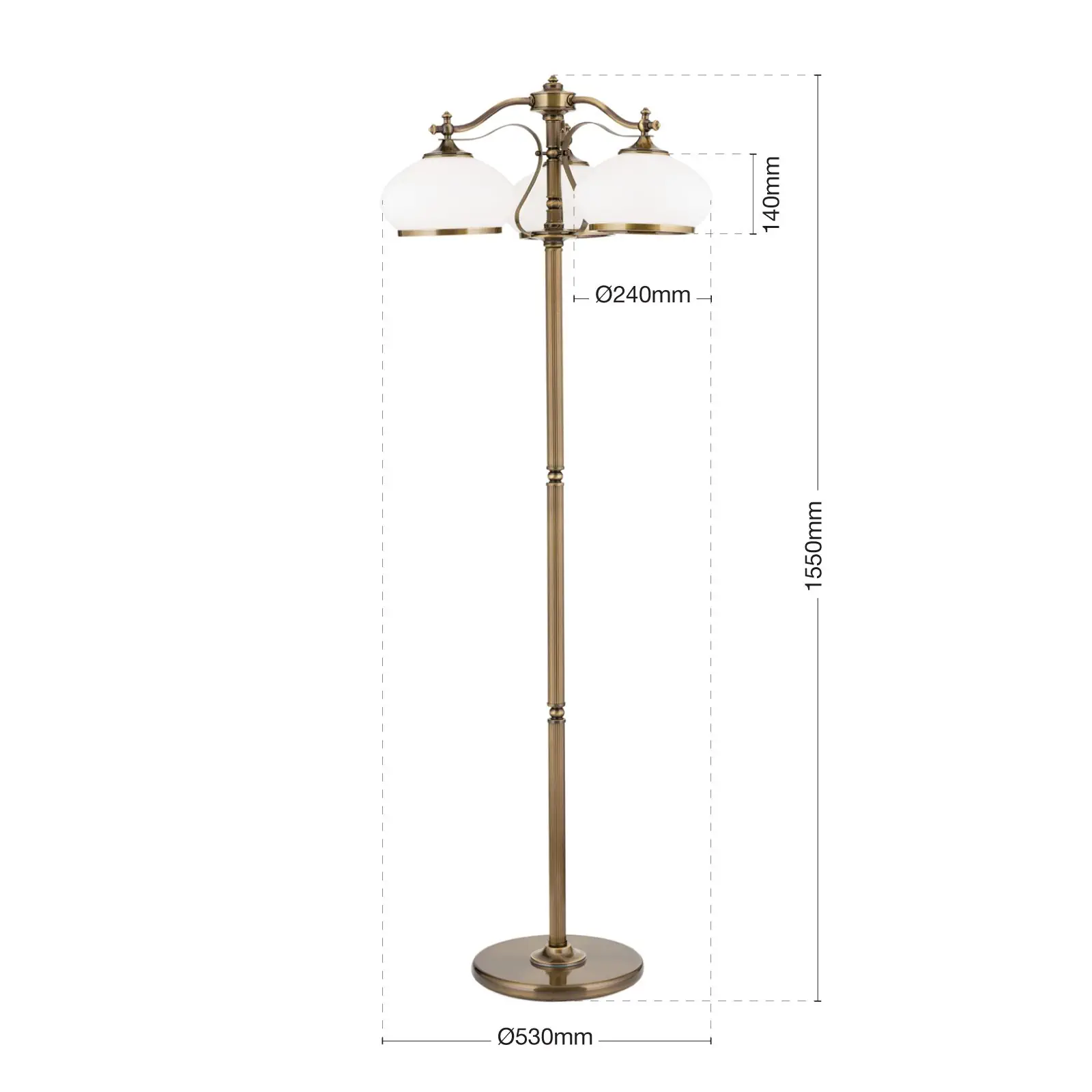 Podna lampa EMPIRE, sa 3 opal abažura, antik mesing završna obrada - 7