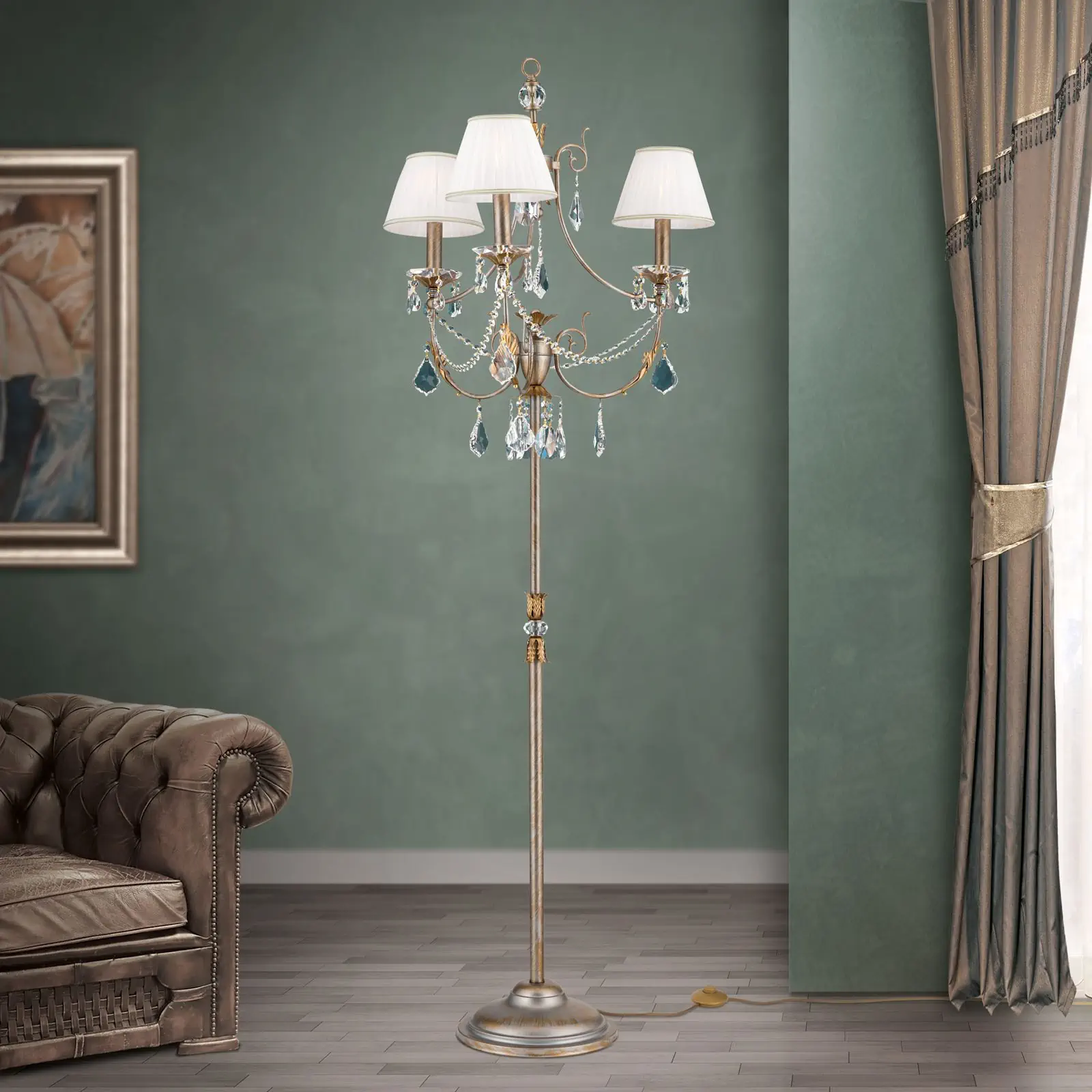 Podna lampa MIRAMARE, srebrno-zlatna, 3 izvora svetla, sa belim organza abažurima - 2