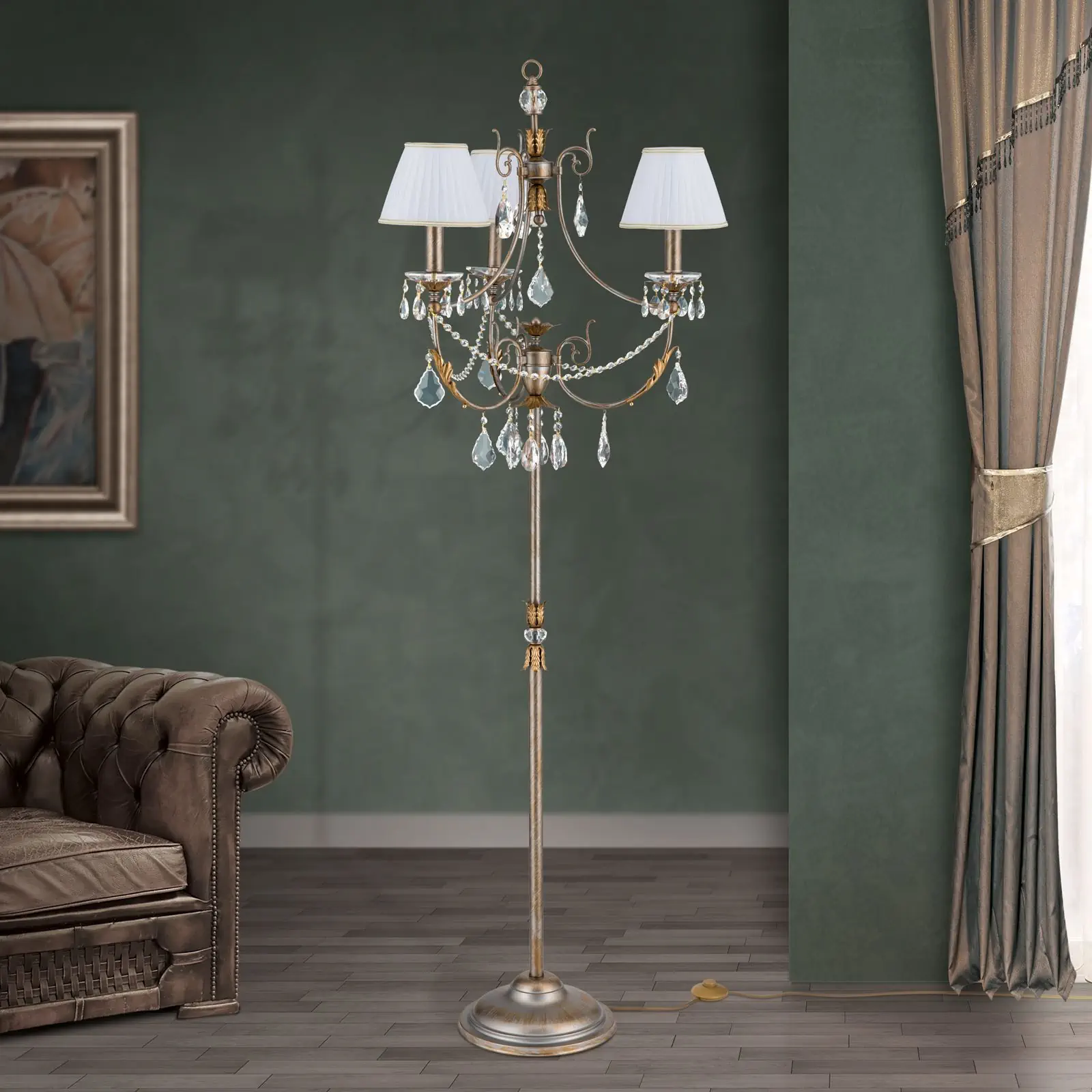 Podna lampa MIRAMARE, srebrno-zlatna, 3 izvora svetla, sa belim organza abažurima - 3