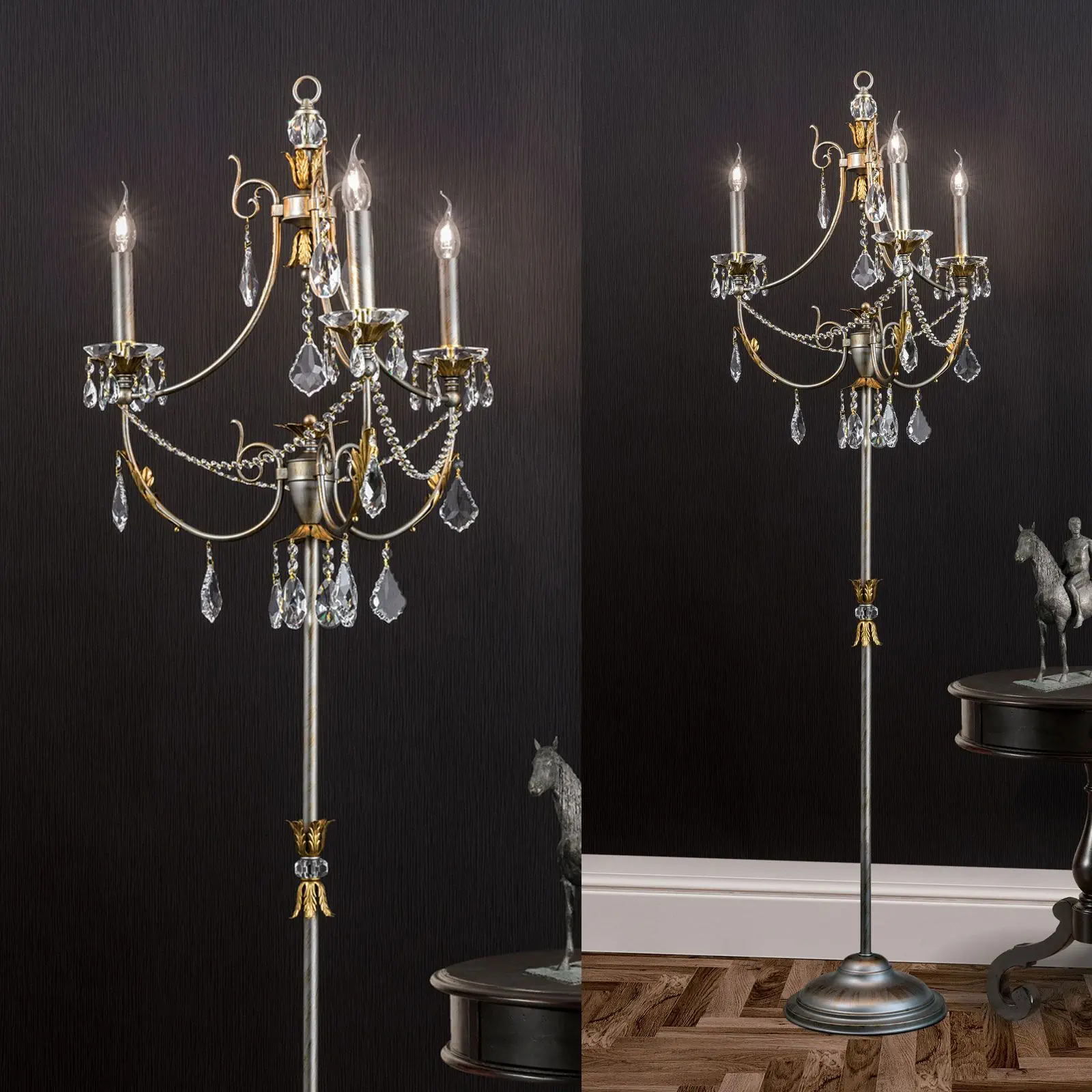 Podna lampa MIRAMARE, 3 izvora svetla, srebrno-zlatna