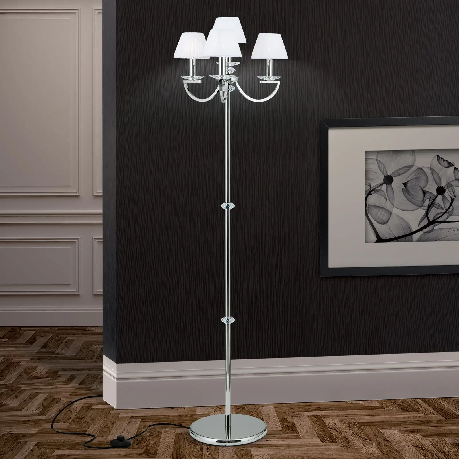 Podna lampa AVALA, 4 izvora svetla, nikl sa belim abažurima - 2